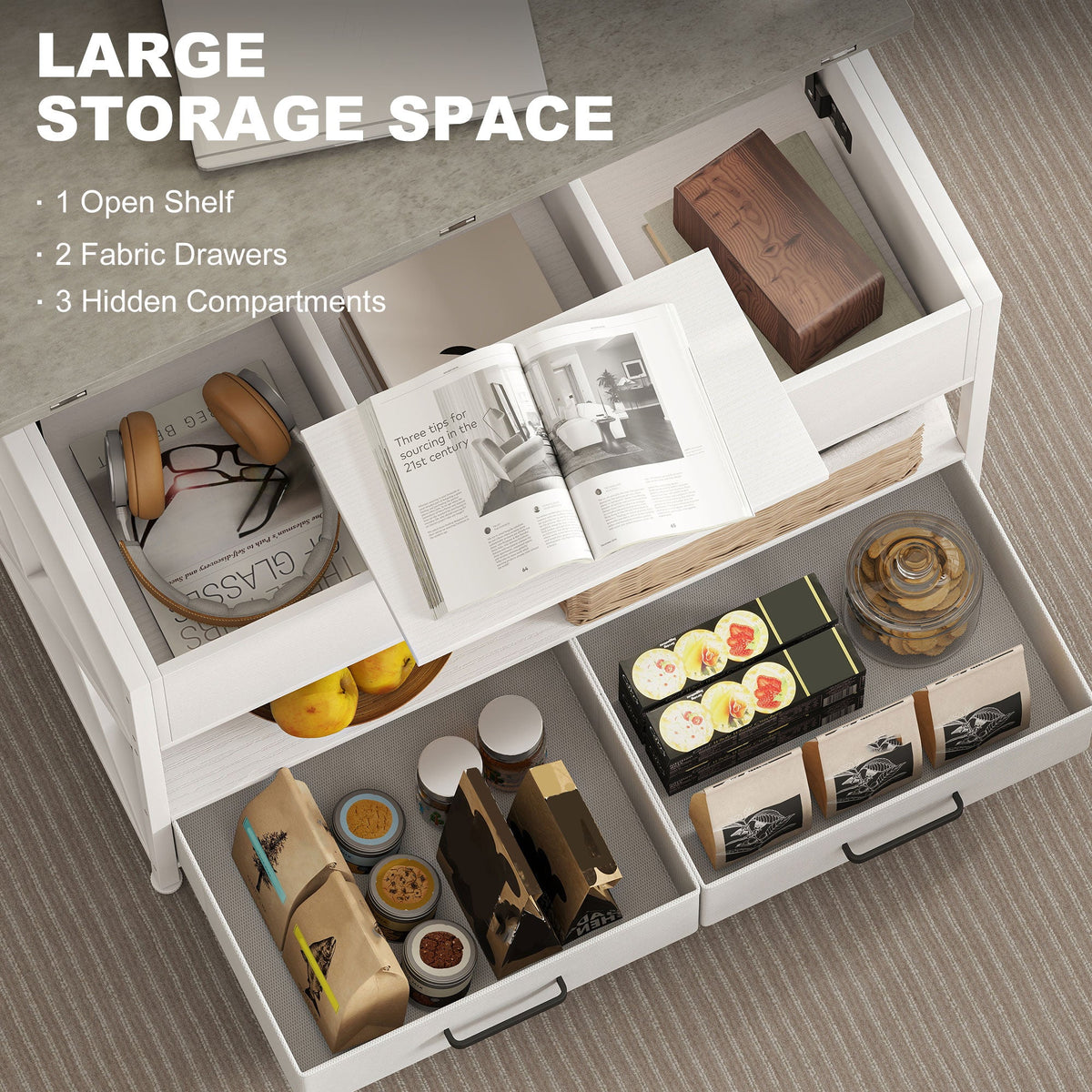 Modern Coffee Table, Lift Top Center Table with Fabric Drawers and Hidden Storage for Living Room, Distressed Black