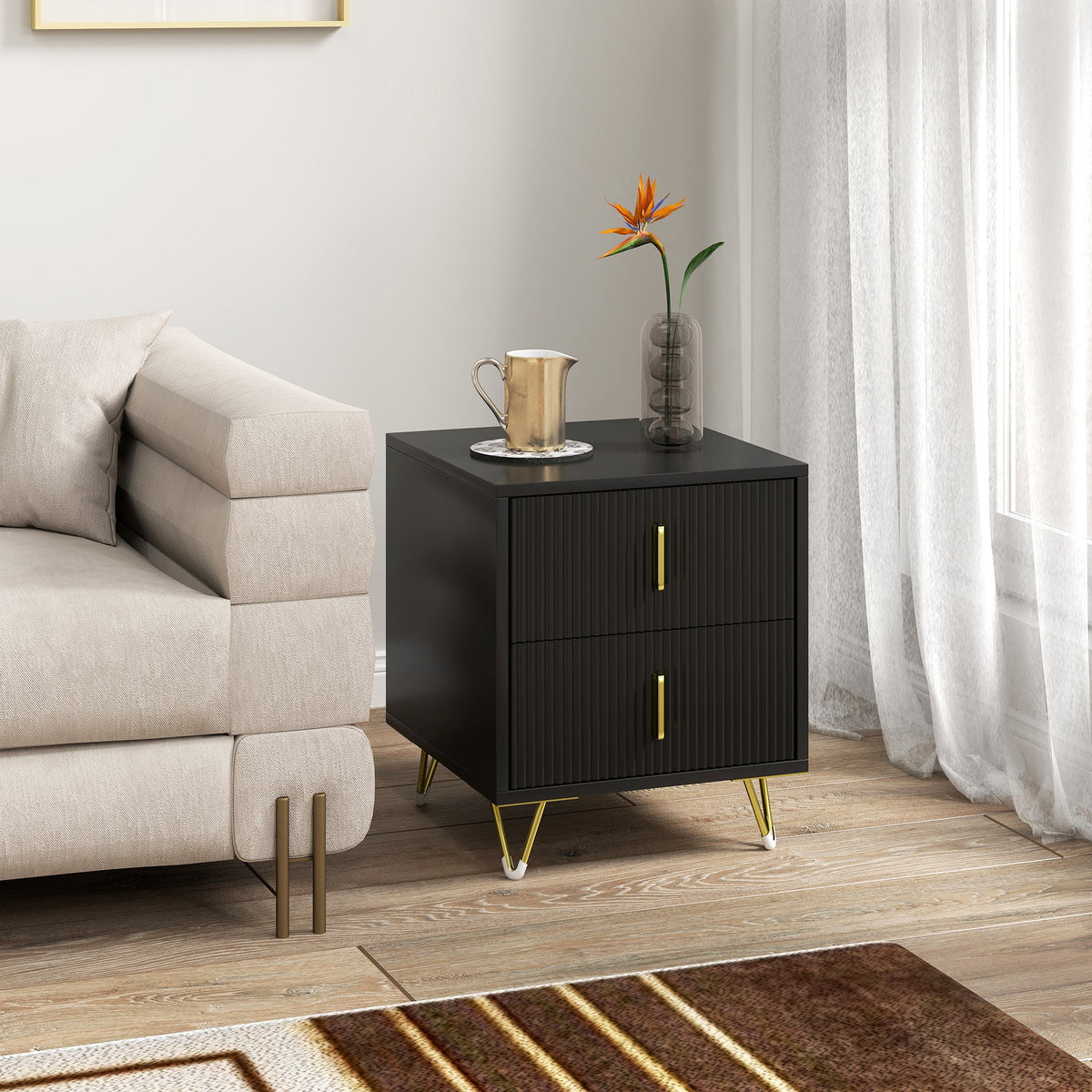 Bedside Table, Modern Nightstand with 2 Drawers, Side End Table with Metal Legs for Living Room, Bedroom, White
