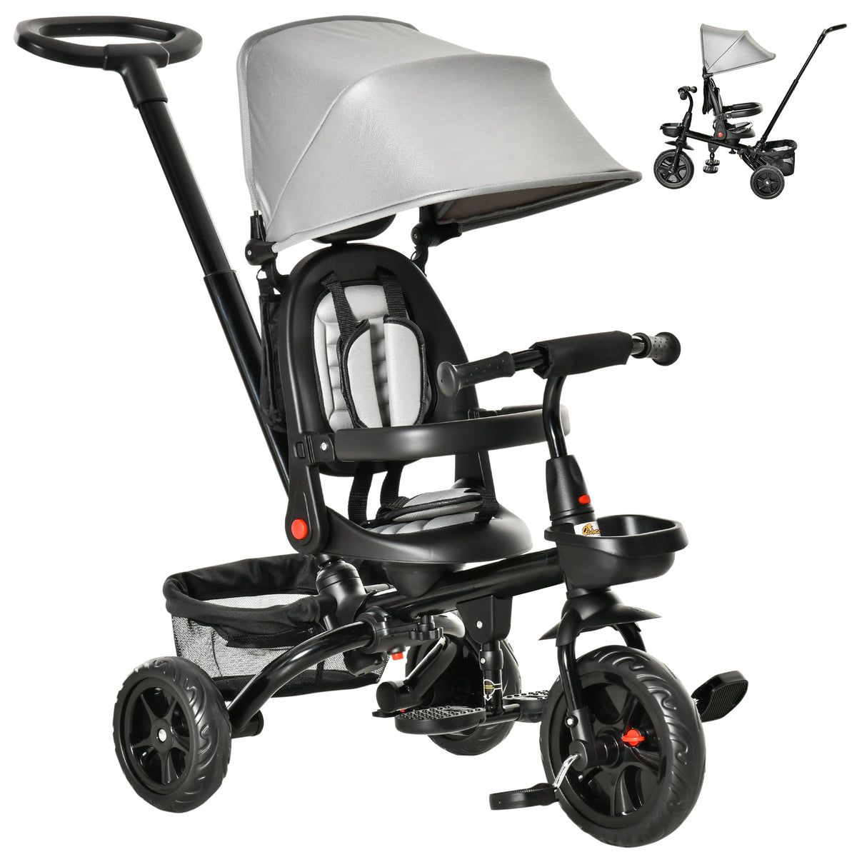 Tricycle for Toddler 5 in 1 Kids Trike, Foldable Converts Stroller to Toddler Bike, Adjustable Backrest & Curved Canopy, Detachable Guardrail & Handle for 1-5 Years Old, Black