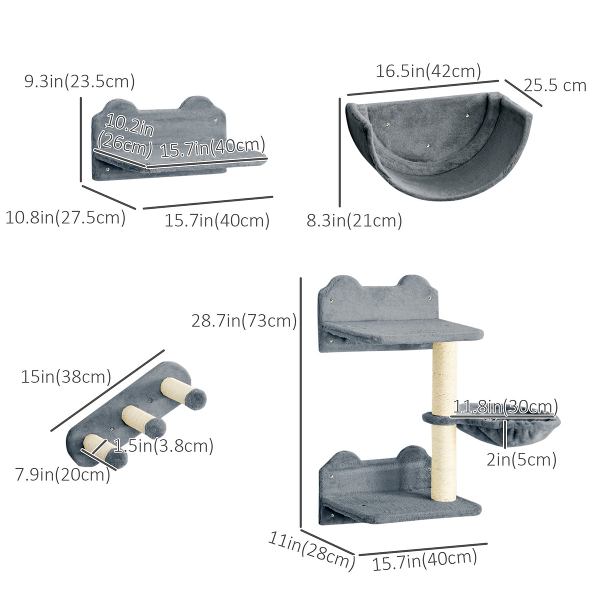 Cat Wall Shelves, 3PCs Cat Shelves with Hammock, Scratching Post, 3 Steps, Jumping Platforms, Wall Mounted Cat Climber, Grey