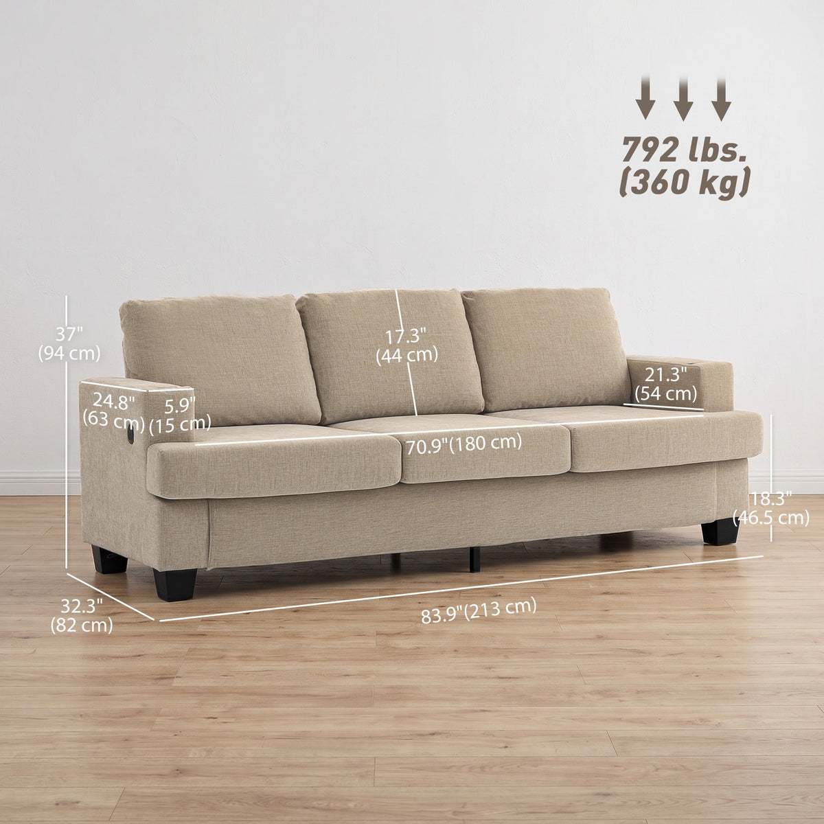 3 Seater Sofa with USB Ports & Cup Holders, Chenille-Feel Upholstered Couch for Living Room, Grey