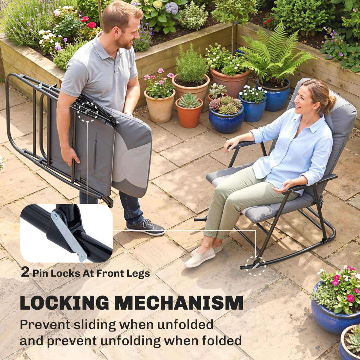Folding Rocking Chair Set of 2 Padded Rockers with Armrest, Navy Blue