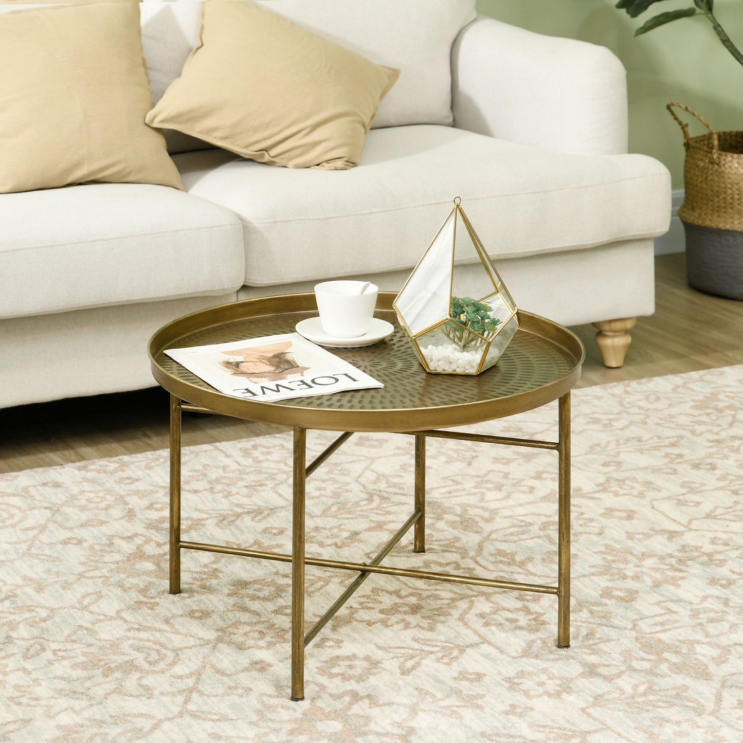Dessie 24" Vintage Coffee Table with Hammered Tray Top and Metal Frame-Gold