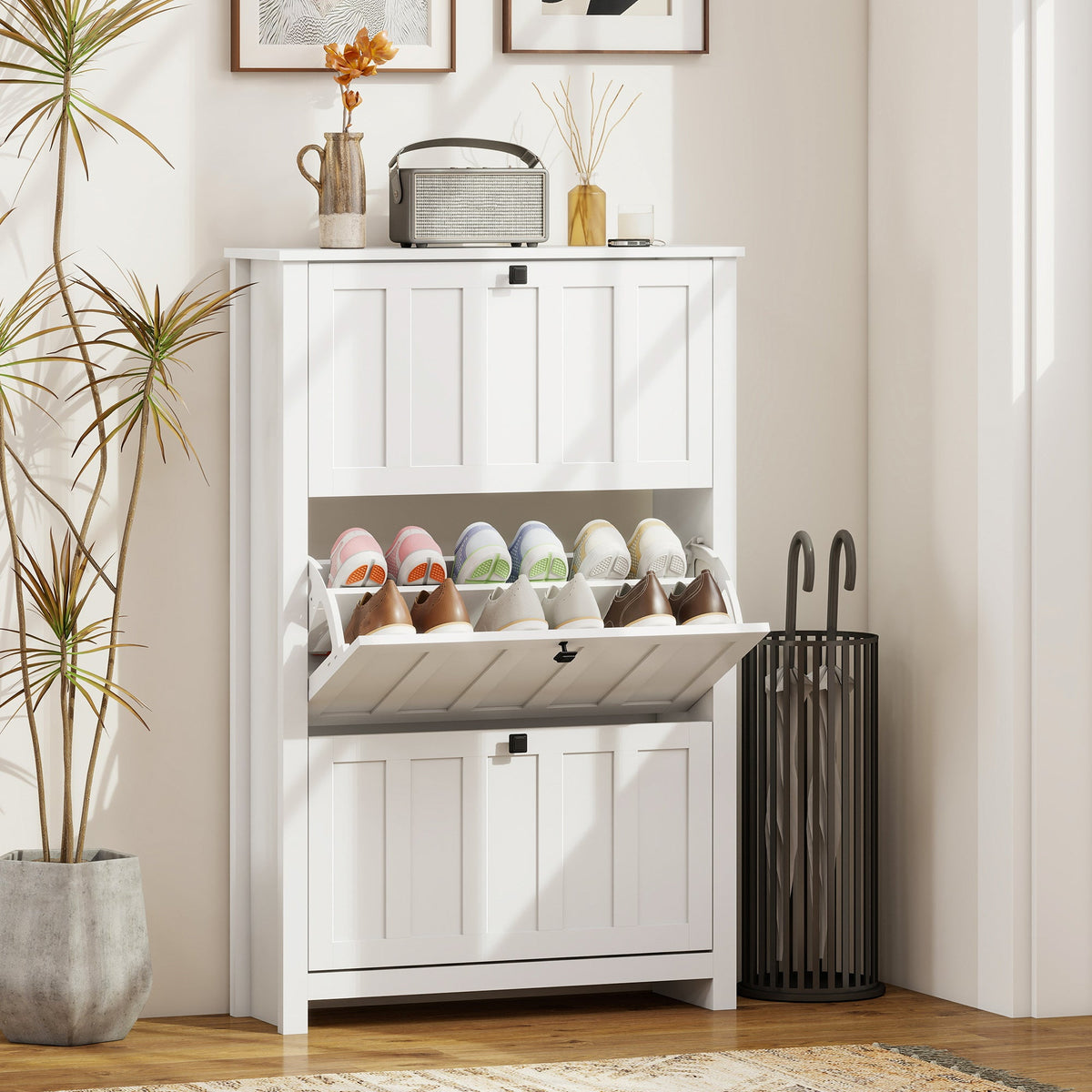Slim Shoe Cabinet with 3 Flip Drawers, Shoe Storage Cabinet with Adjustable Shelves for Entryway, Holds 12 Pairs, White