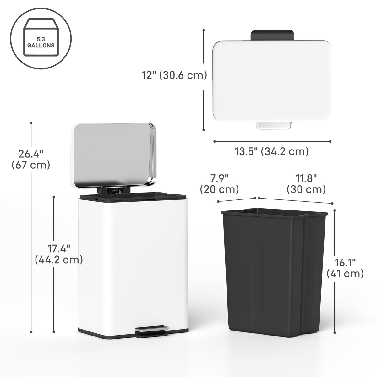 Garbage Bin, Soft-Close Trash Can with Foot Pedal, 5 Gallon (20 L) Garbage Can with Removable Inner Bucket, Matte Black