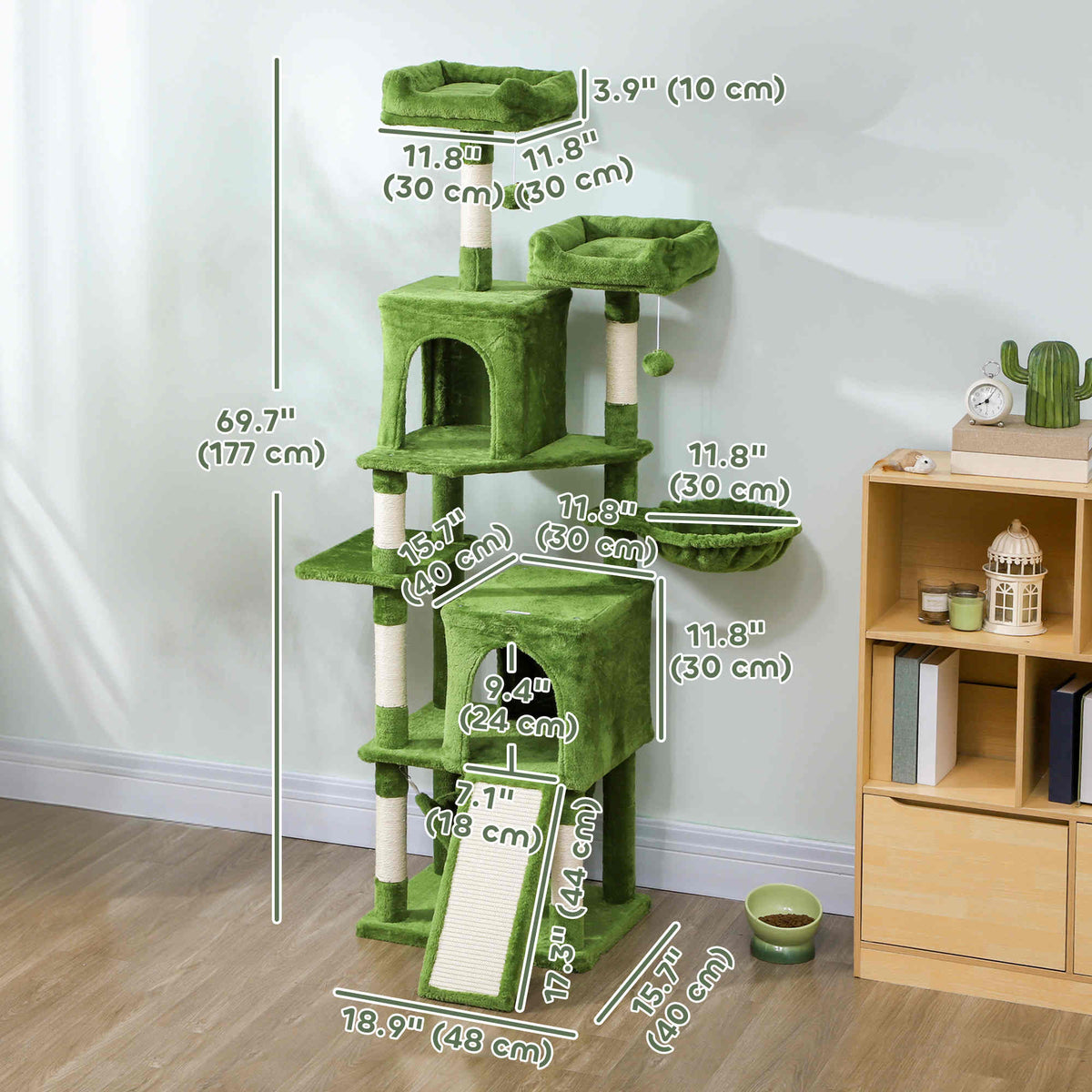 Cat Tree, 70" Multi-Level Cat Tower with 2 Condos, 2 Perches, Hammock, Toy Balls, Scratching Posts and Board, Dark Grey