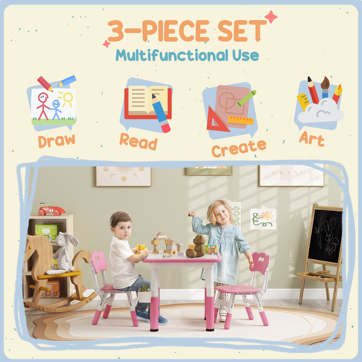 3 Pieces Toddler Table and Chair Set, Height Adjustable Kids Table and Chair Set w/ Storage, for Playroom Grey