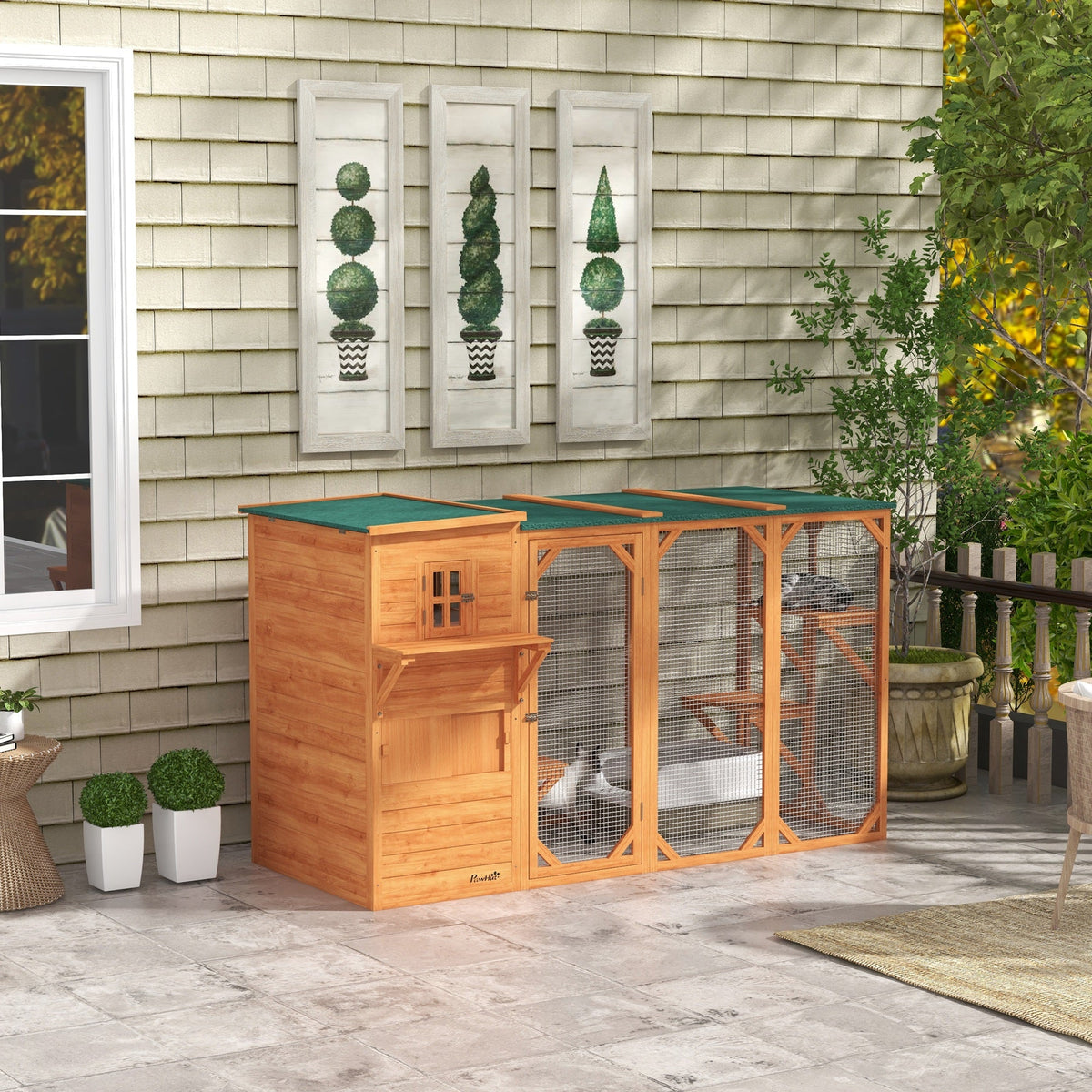 Wooden Cat Catio, 76"L Walk in Outdoor Cat House with Asphalt Roof, Platforms, Lockable Doors, 3-tier Resting Condo, Observation Window, for 2-3 Cats, Light Grey