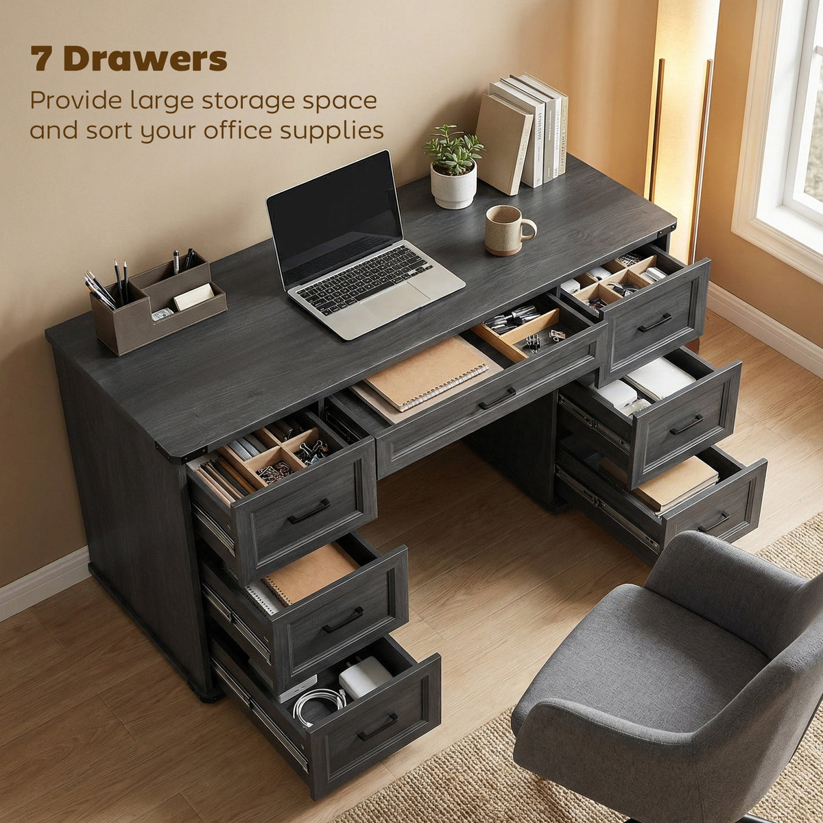 55" Computer Desk with 7 Drawers, Farmhouse Executive Desk for Home Office, Study, Bedroom, Black Wood Grain