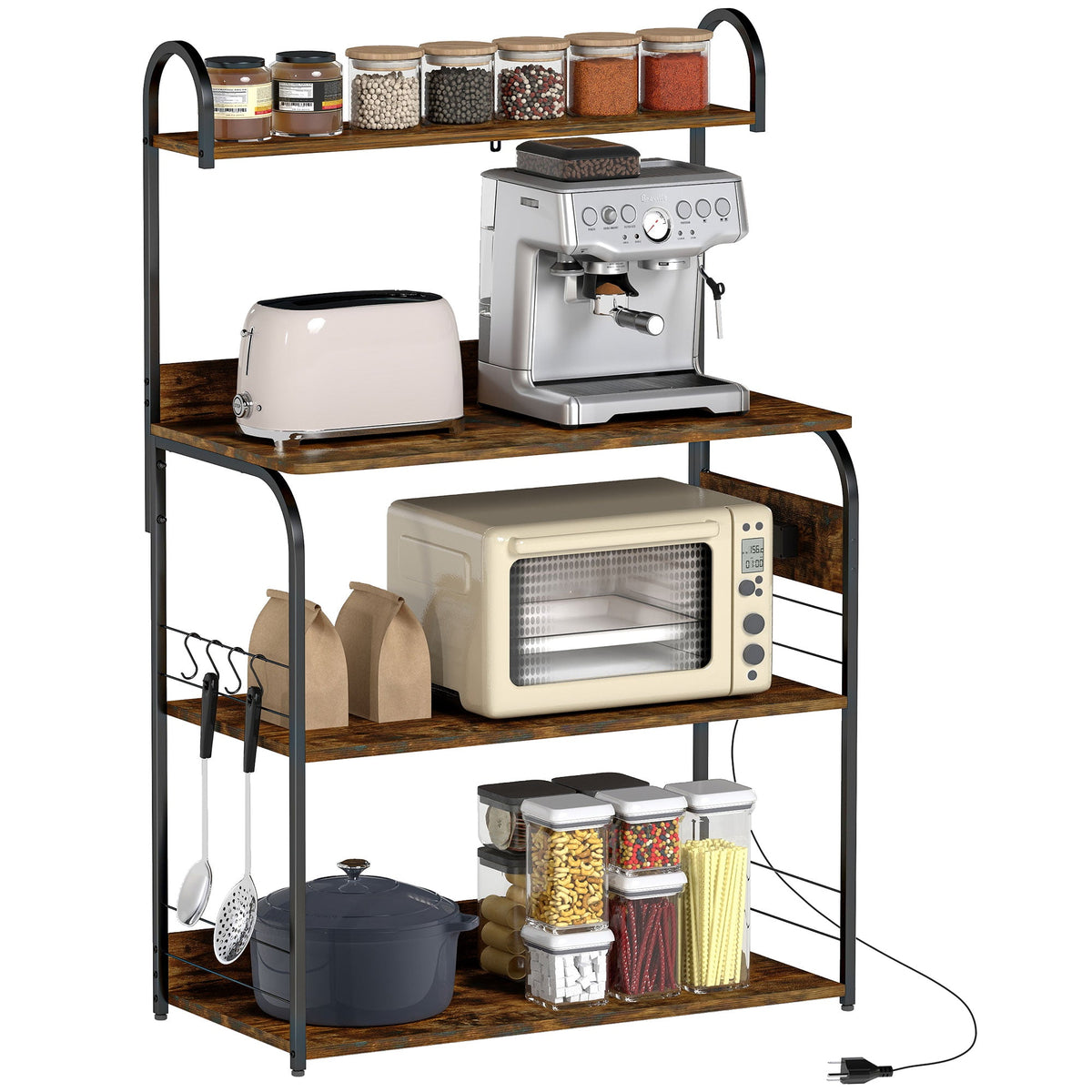 Baker's Rack with Charing Station, Microwave Shelf with Power Outlet, USB Charger and 4 Hooks, Rustic Brown