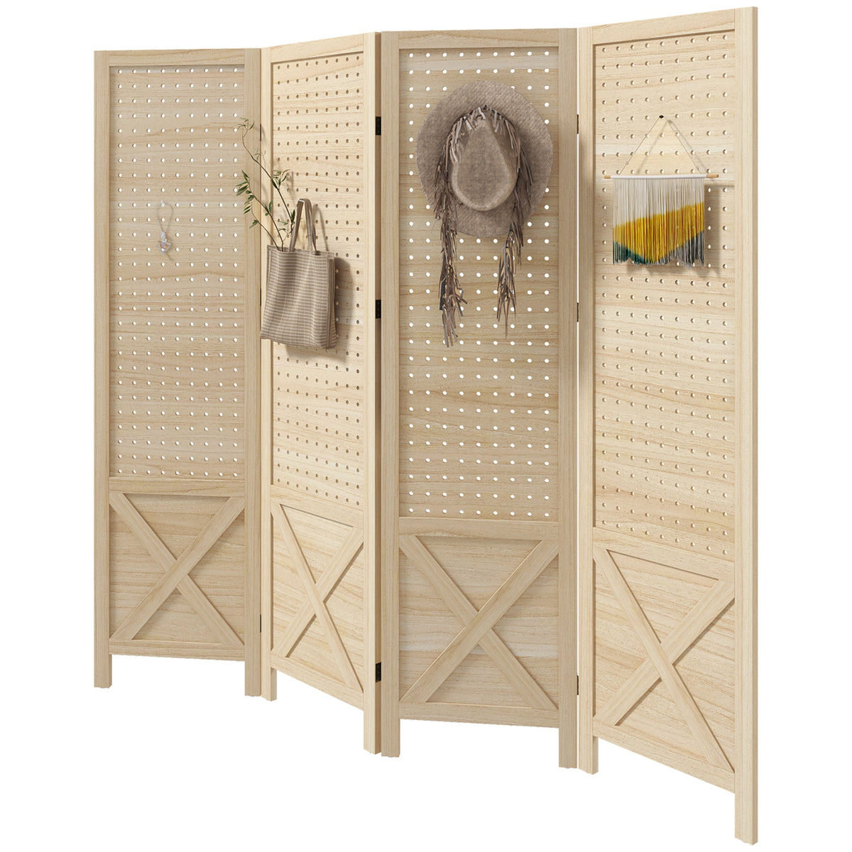 4.7' 3 Panel Wooden Room Divider with Pegboard Display, Folding Privacy Screen for Home Office, Natural