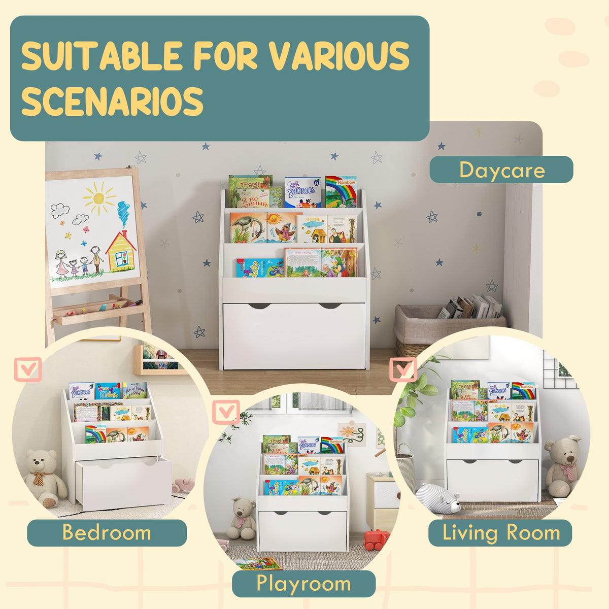 Kids Bookshelf with 3 Tier Display Shelves, Drawer for Nursery, Grey