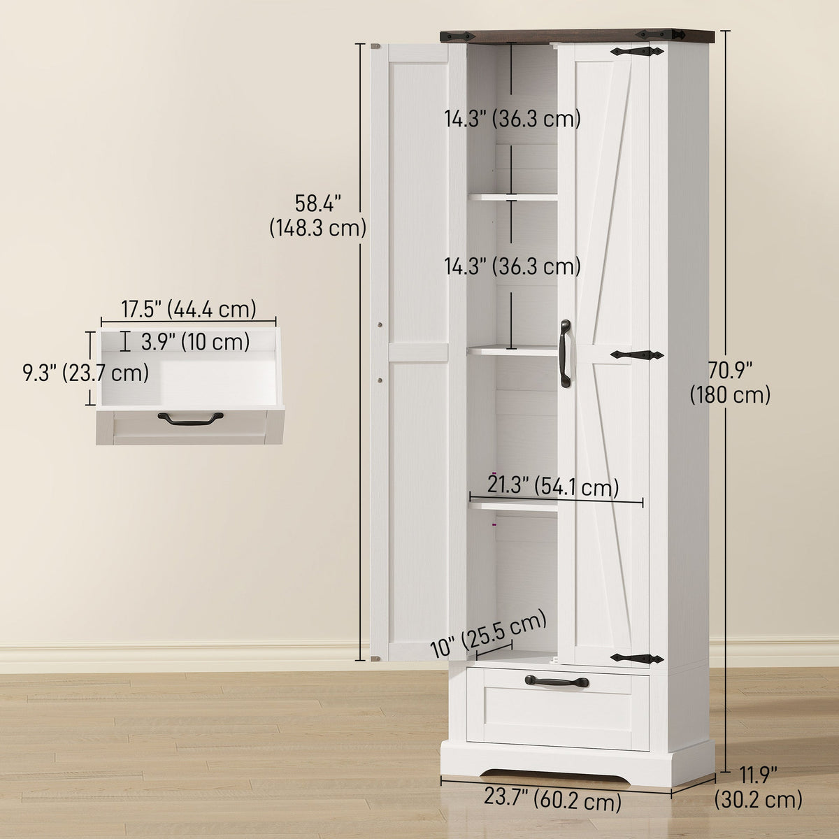 71" Pantry Cabinet, Kitchen Storage Cabinet with Adjustable Shelves, 2 Doors and Drawer for Dining Room, Black