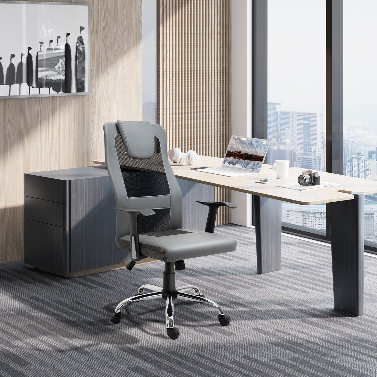 Ergonomic Office Chair with Thick Padded Headrest, Mesh Computer Desk Chair with Tilt Function, Armrest, Black