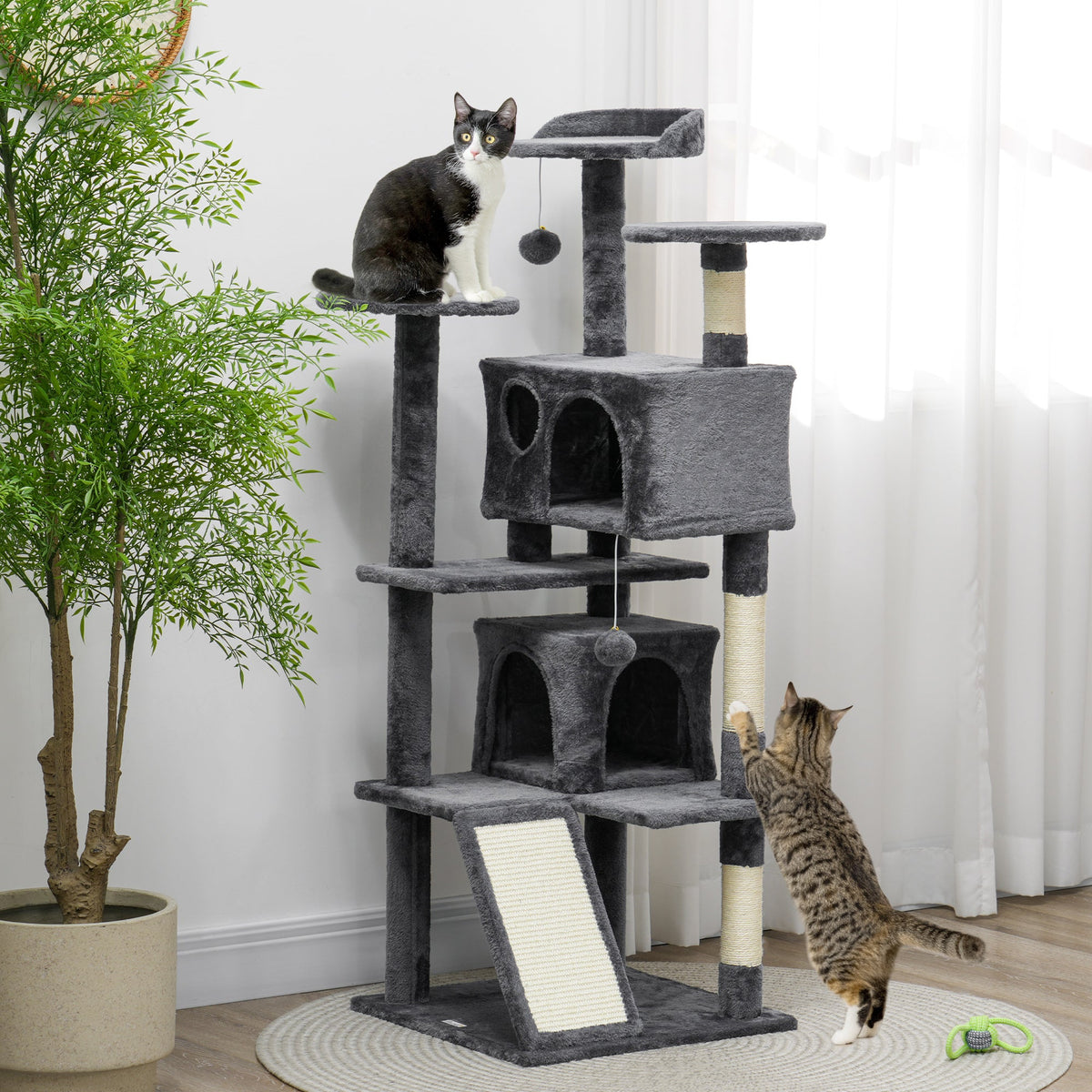 54" Cat Tree, Multi-Level Cat Tower with Scratching Posts, Cat Condos, Bed, Platforms, Ramp, Toy Ball, Beige