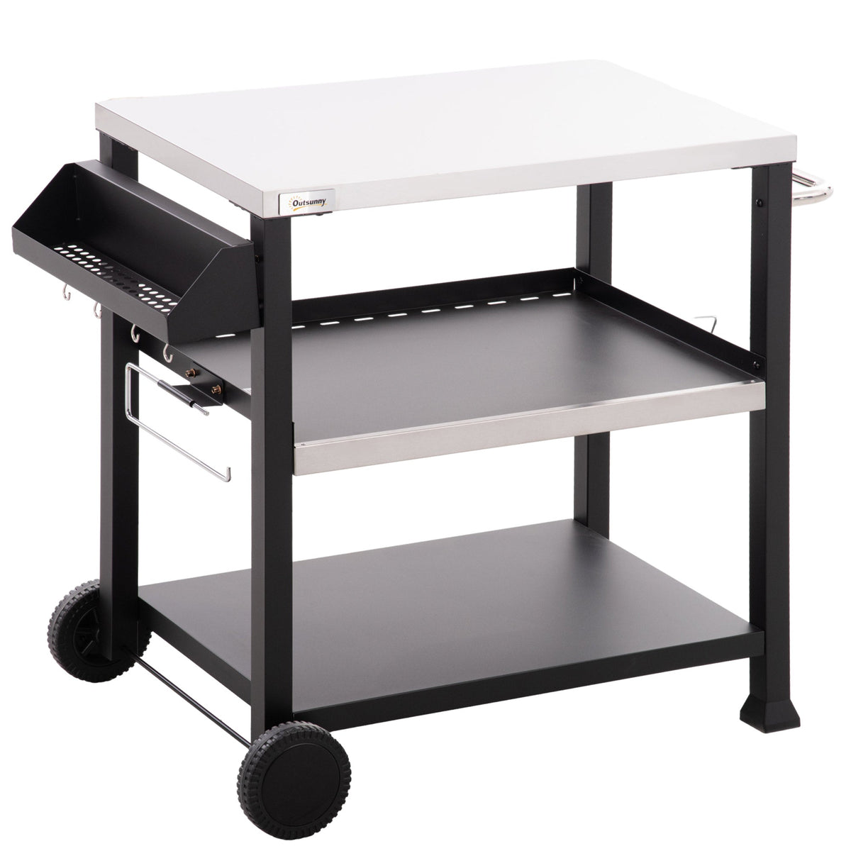3-Shelf Outdoor Grill Cart Table with Side Handle, Stainless Steel Pizza Oven Stand on Wheels, Black