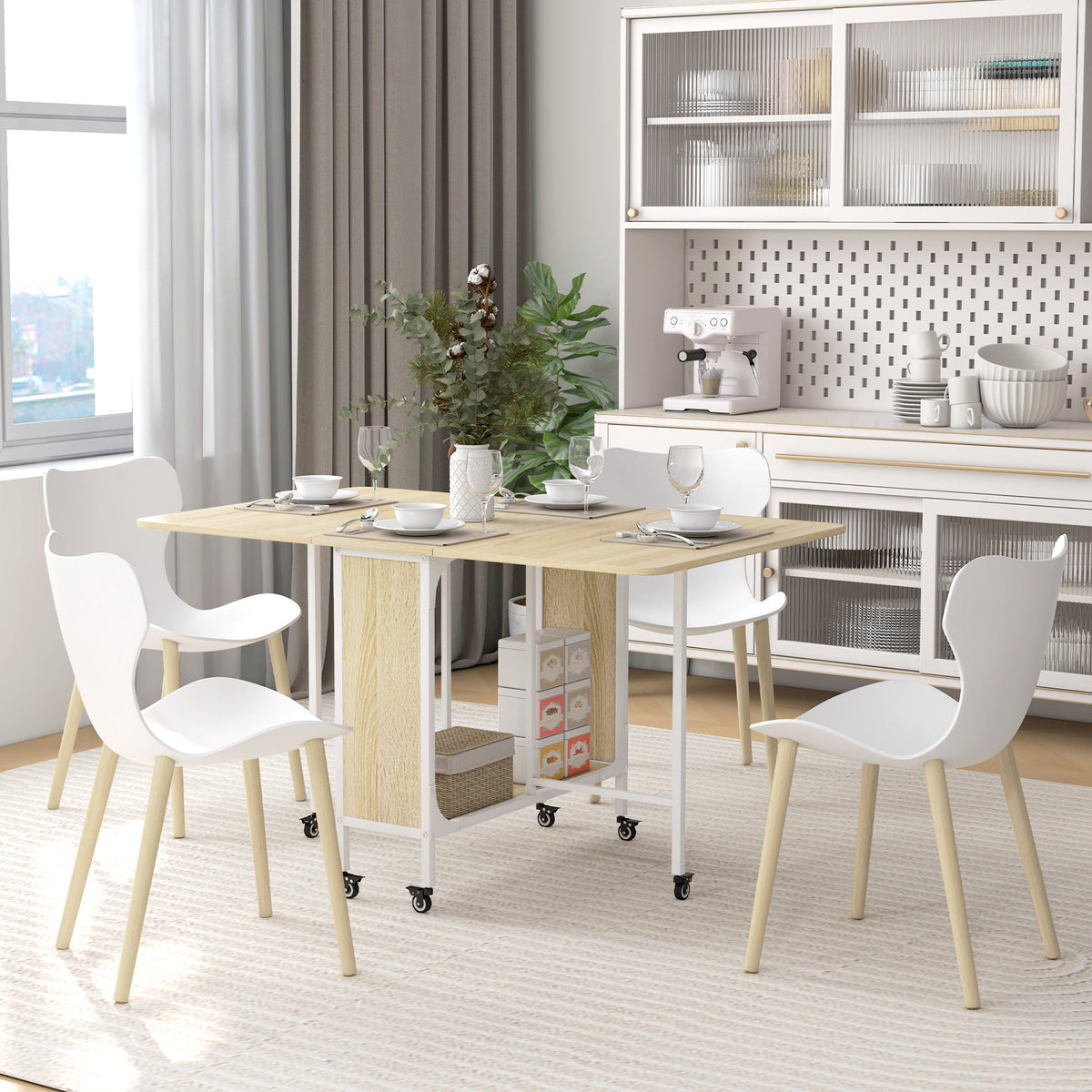 Folding Dining Table, Extendable Kitchen Table for Small Spaces with Storage Shelf and 6 Wheels, Distressed Grey