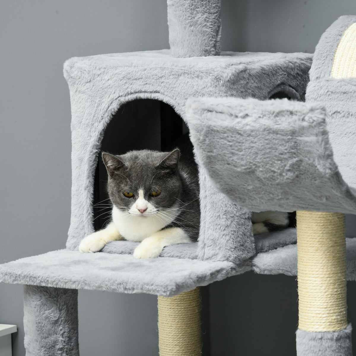 Tall Cat Tree for Indoor Cats, 70" Multi-Level Cat Tower with Hammock, Cat Bed, Cat Condo with Sisal Scratching Posts, Bluish Grey
