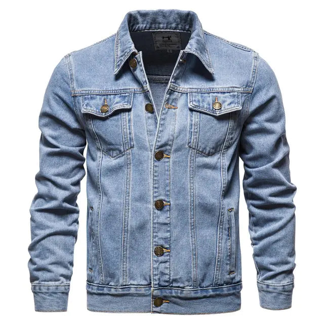 Men's Casual Blue Denim Jacket with Lapel Design