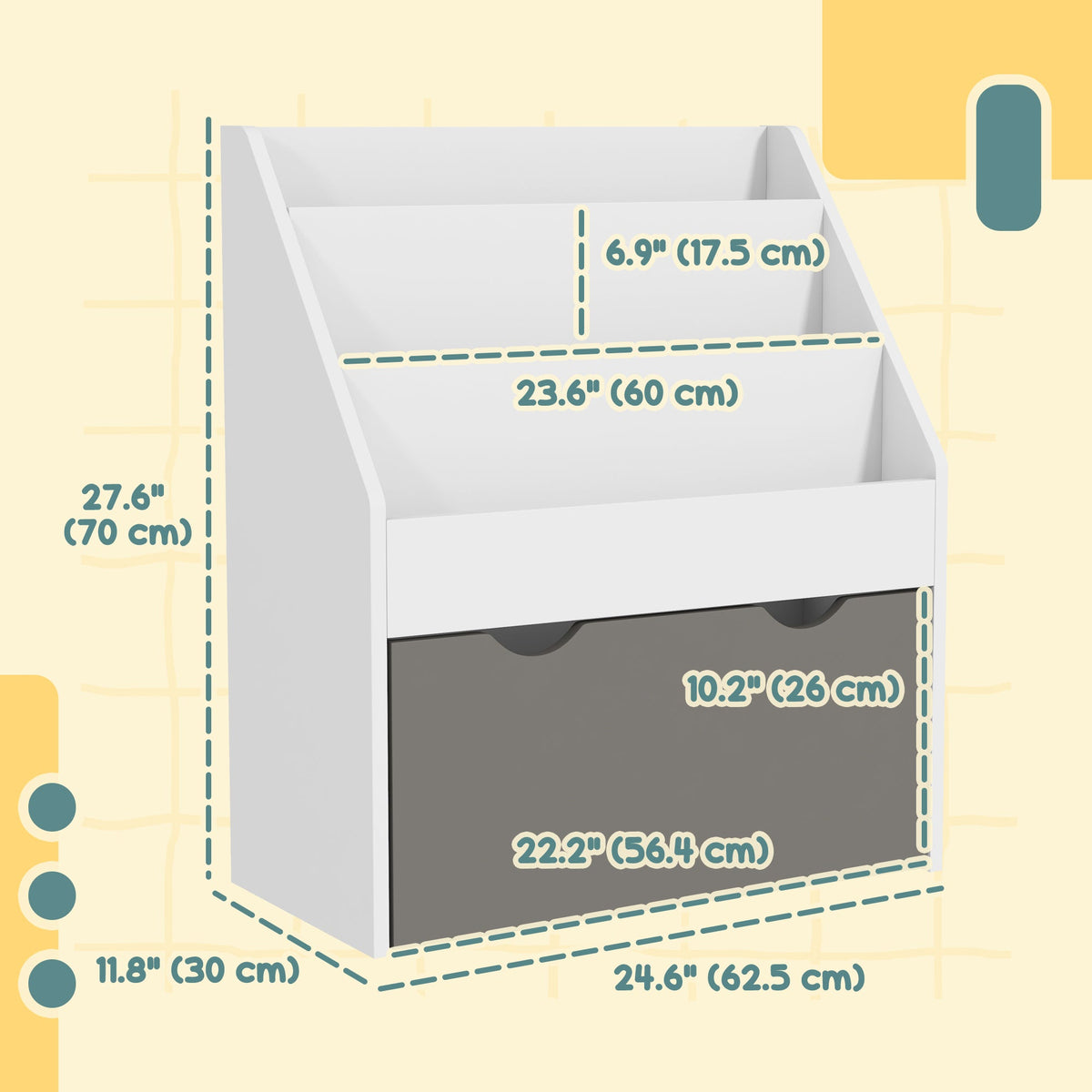 Kids Bookshelf with 3 Tier Display Shelves, Drawer for Nursery, Grey