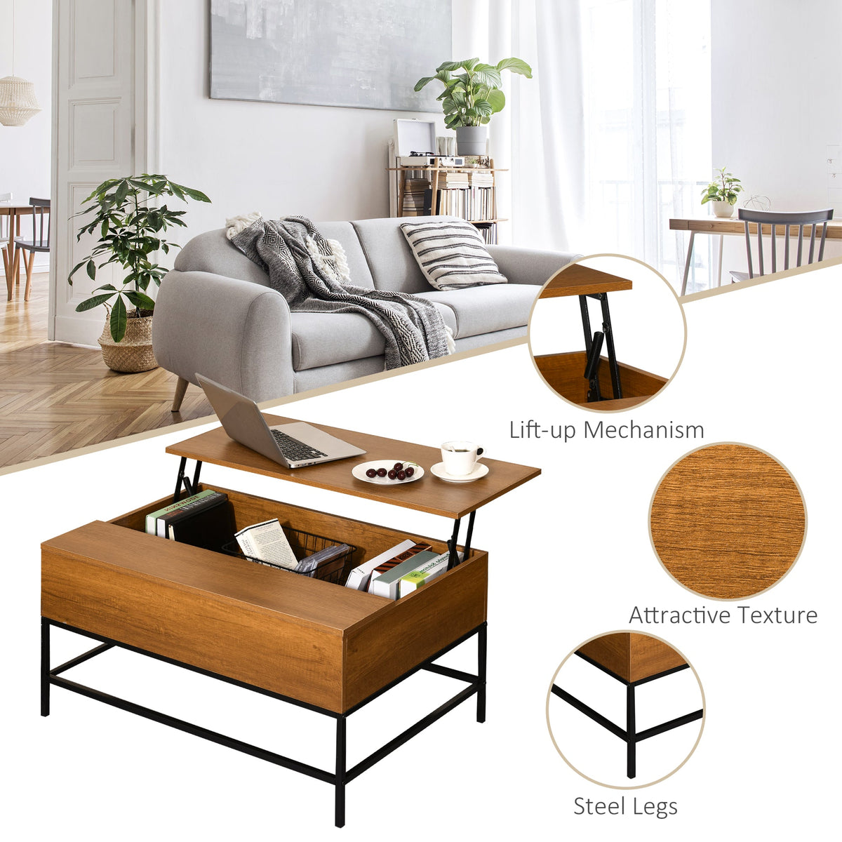 Lift Top Coffee Table with Hidden Storage Compartment Lift Tabletop Center Table for Living Room, Rustic Brown