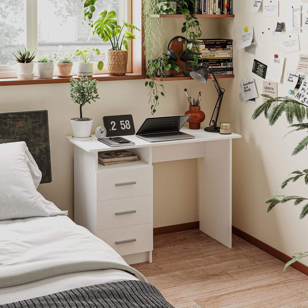 Computer Desk with Storage, 39" Home Office Desk with 3 Drawers nad Open Shelf, Writing Table for Bedroom, White