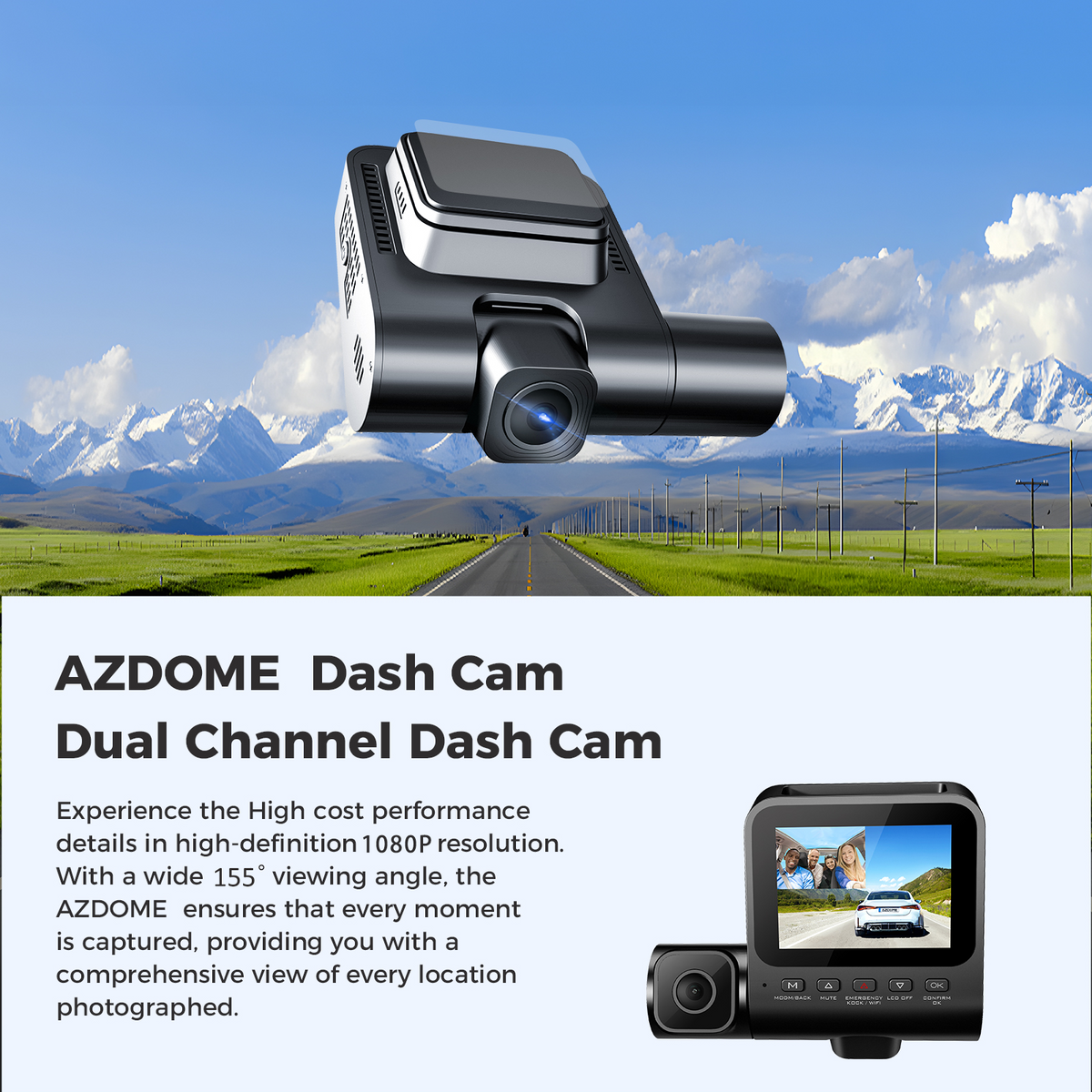 AZDOME Dash Cam V600 2.4" Screen 2x1080P+480P Car Camera G-Sensor Super Night Vision Car DVR 24H Parking Mode Support Rear Cam