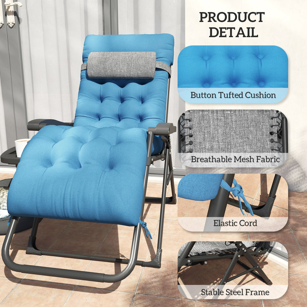 Padded Folding Recliner Chair, Patio Lounger with Cupholder, Adjustable Backrest, Removable Cushion, Black