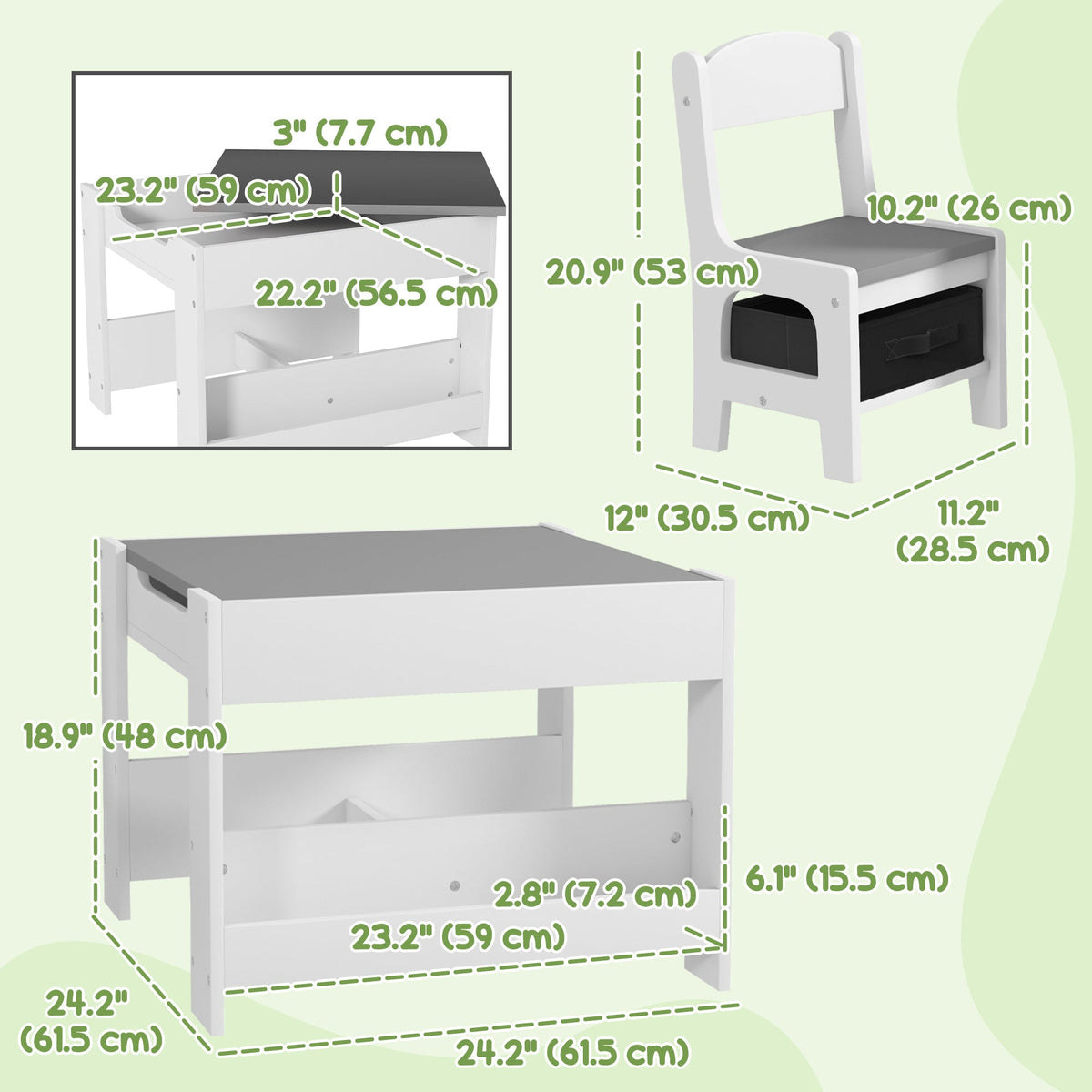 3 Piece Kids Table and Chair Set with Reversible Tabletop, Blackboard, Storage, Bookshelf, for Playroom, Nursery, Grey