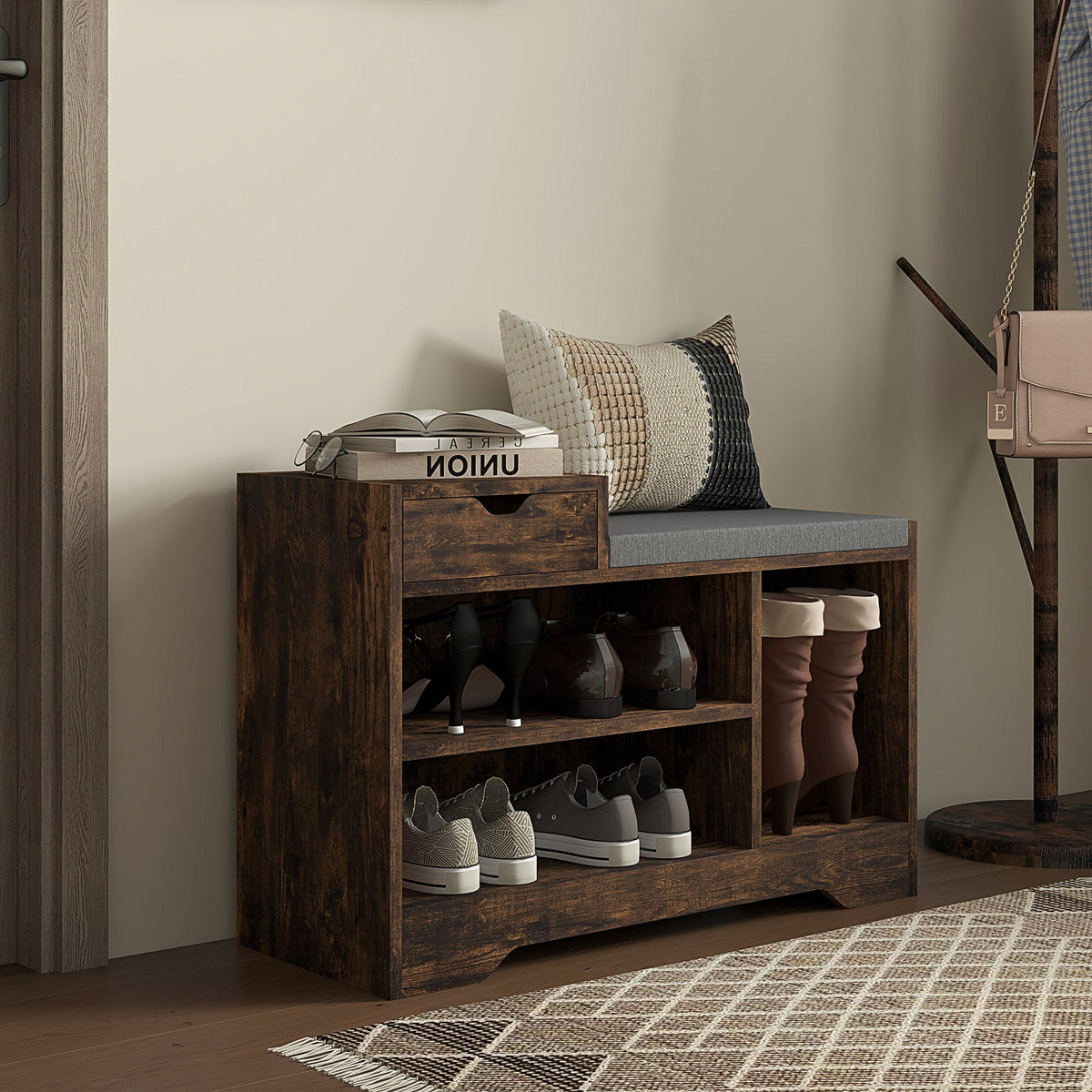Upholstered Shoe Storage Bench, Hallway Shoe Storage with Seat, Drawer, 3 Open Shelves for Entryway, Grey