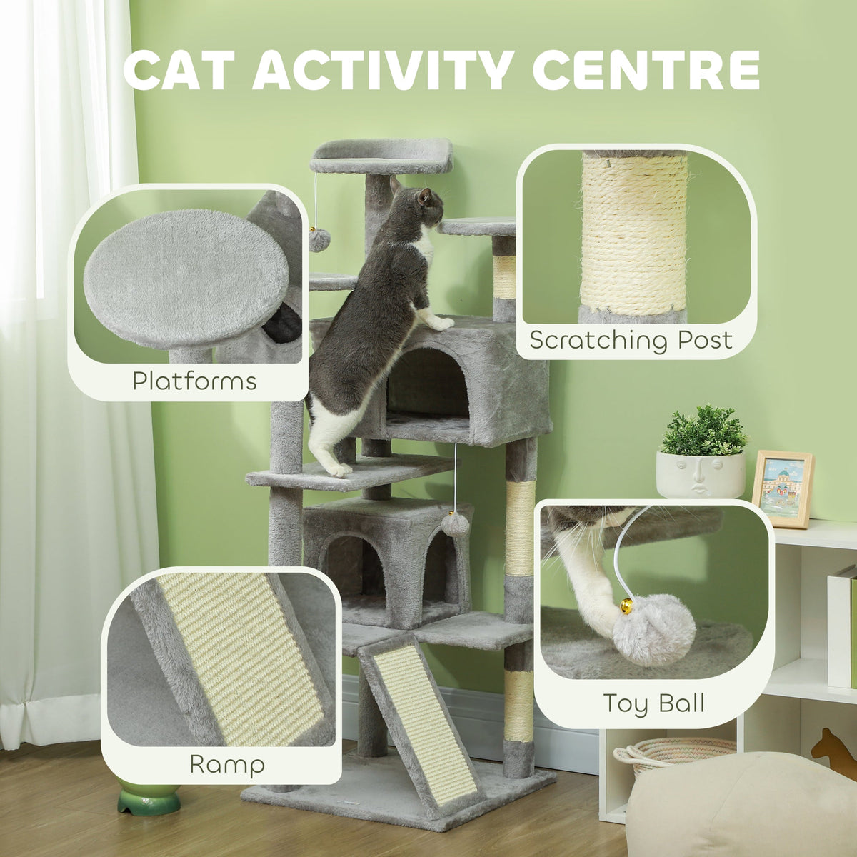 54" Cat Tree, Multi-Level Cat Tower with Scratching Posts, Cat Condos, Bed, Platforms, Ramp, Toy Ball, Beige