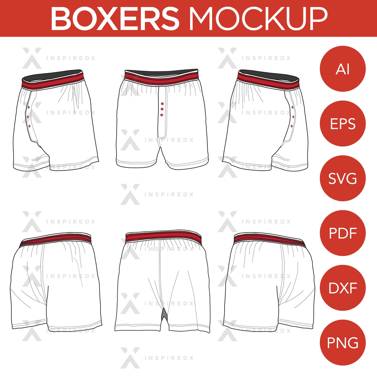 Boxers - Mockup and Template - 6 Angles, Layered, Detailed and Editable Vector in EPS, SVG, AI, PNG, DXF and PDF