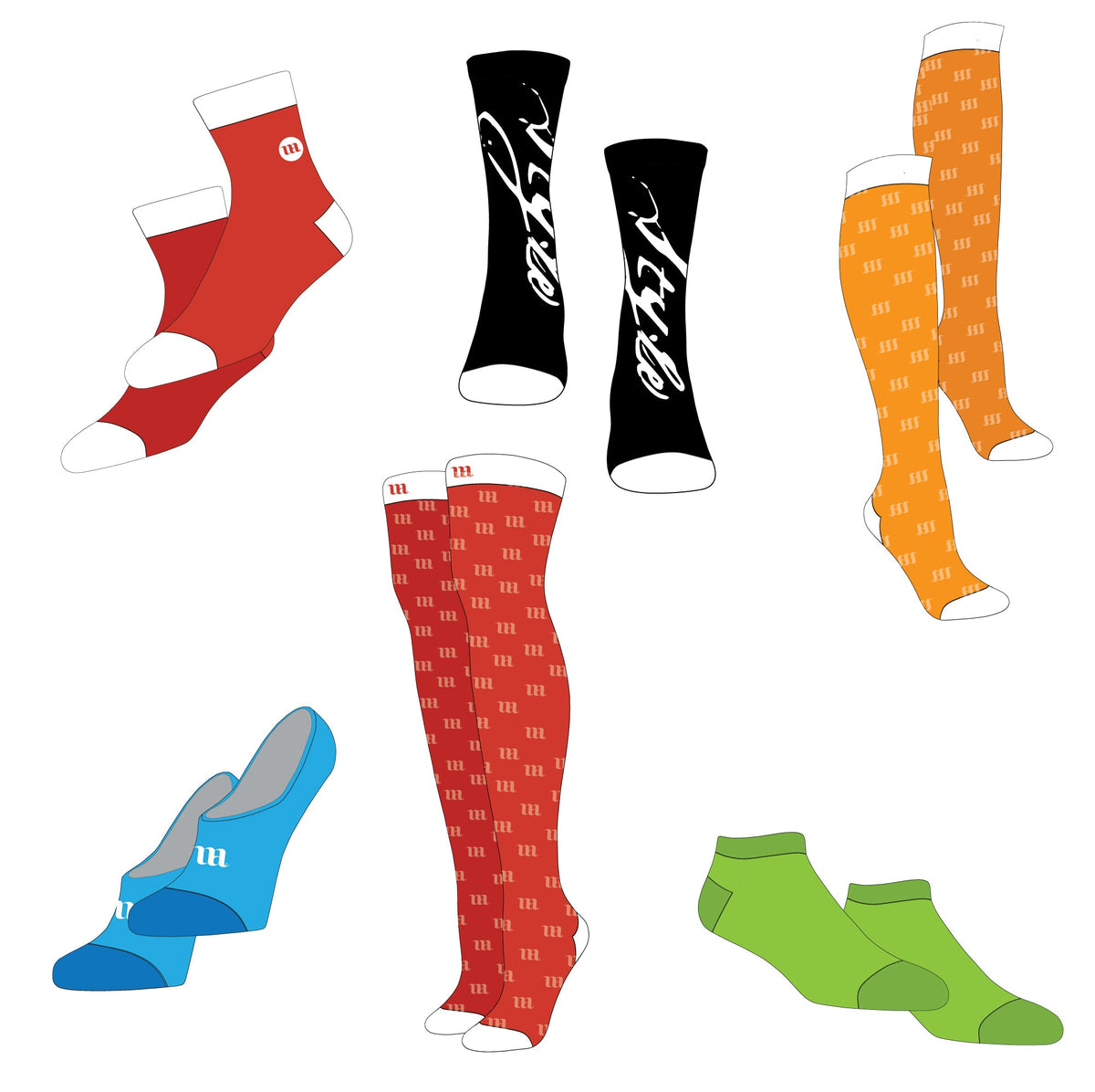 Socks Bundle - Mockup and Template - 55 Total, 11 Angles, 6 Styles, Layered, Detailed and Editable Vectors in EPS, SVG, AI, PNG, DXF and PDF