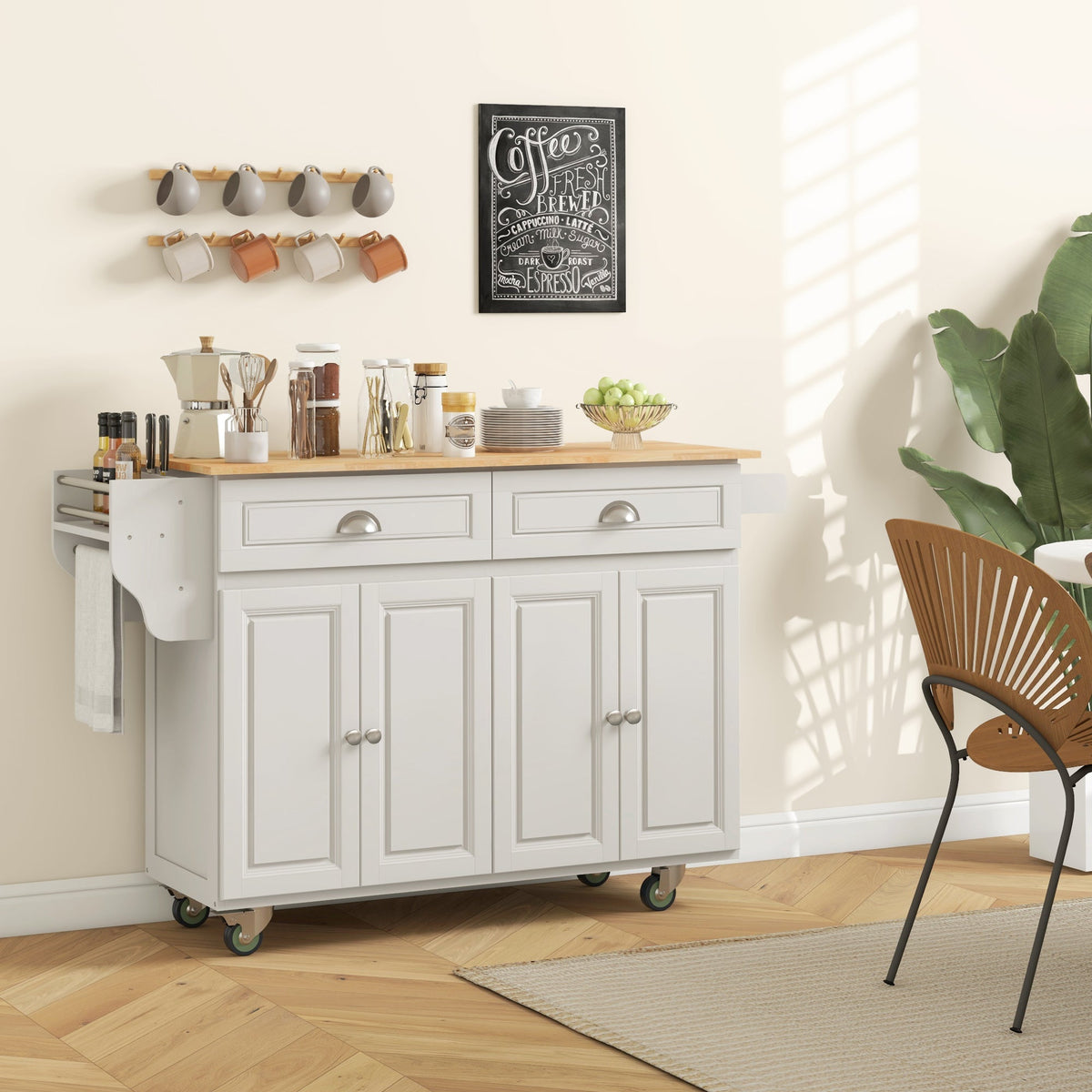 Kitchen Island with Storage, Rolling Kitchen Island with Drop Leaf, Rubber Wood Top and Adjustable Shelves, Cream White