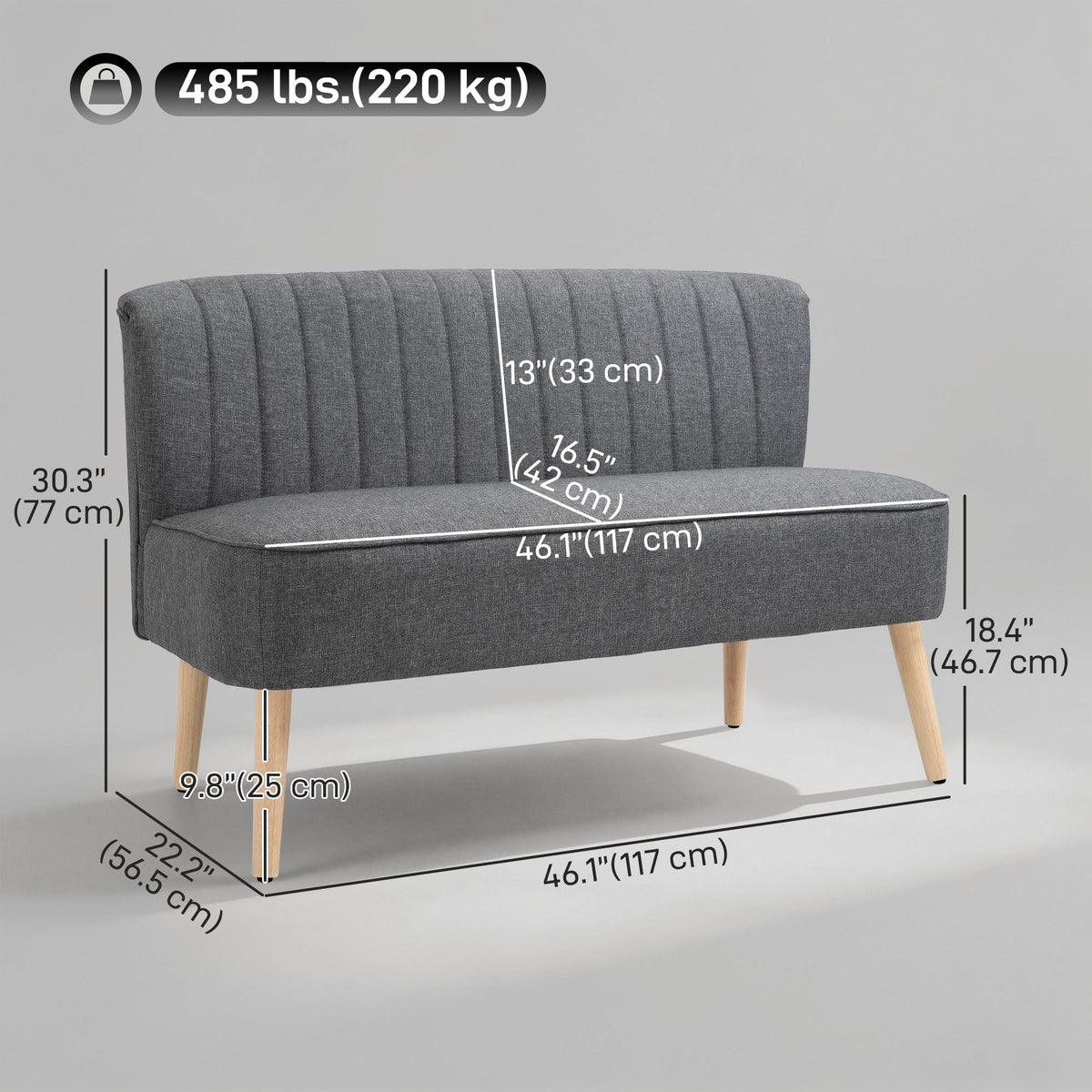 Modern 2 Seater Sofa, Upholstered Two Seater Couch with Rubber Wood Legs, Grey