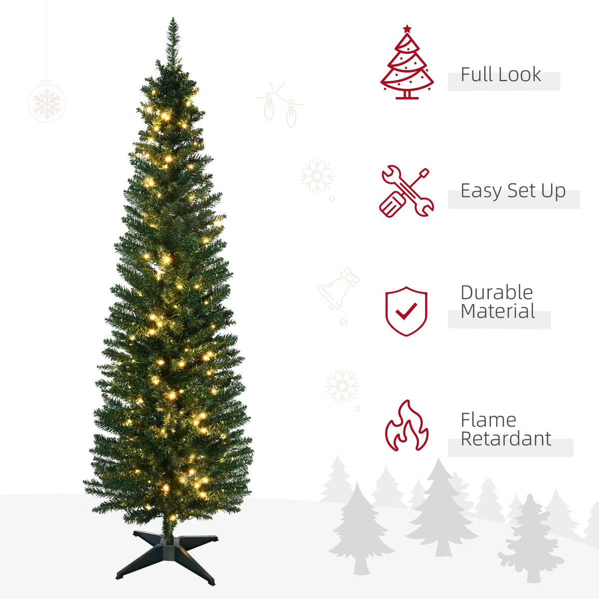 6' Pre Lit Artificial Pencil Christmas Trees, Xmas Tree with Realistic Branches and Warm White LED Lights, Green