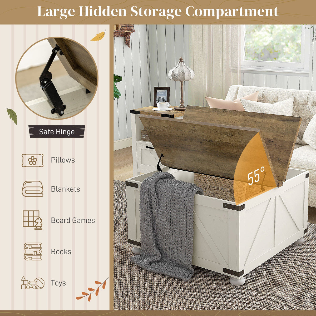 Farmhouse Coffee Table, Square Center Table with Flip-top Lids, Hidden Storage Compartment and Wooden Legs, Oak
