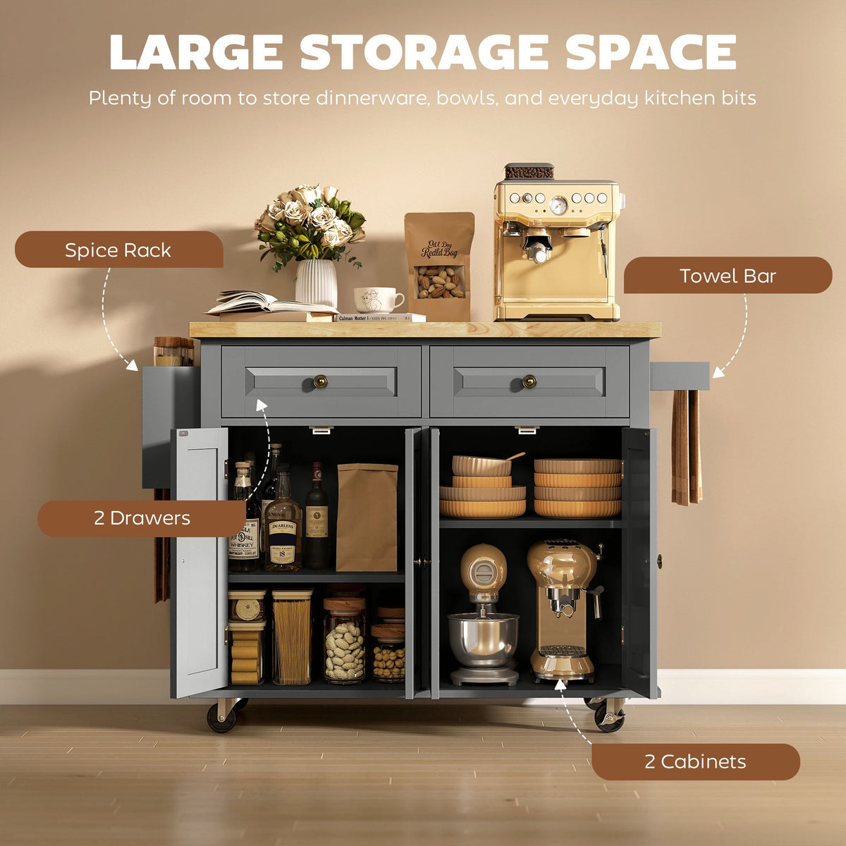 Kitchen Island with Storage, Rolling Trolley Cart with Rubber Wood Top, Spice Rack, Towel Rack, Brown Oak