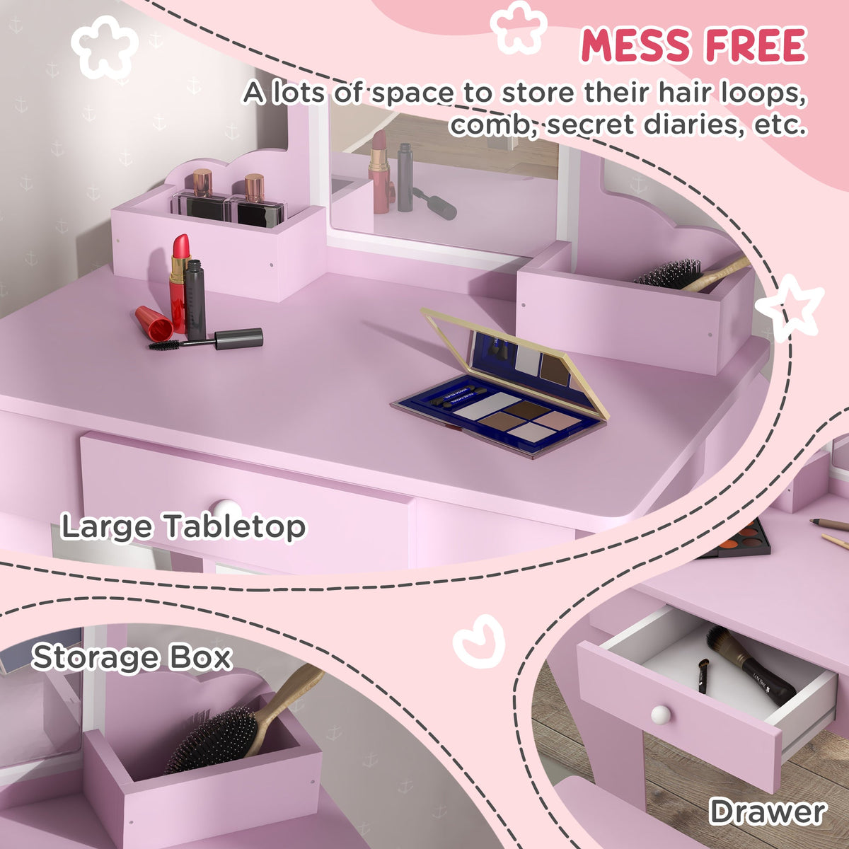 Makeup Vanity with Mirror and Stool, Cloud Design, Drawer, Storage Boxes, for 3-6 Years Old, Pink