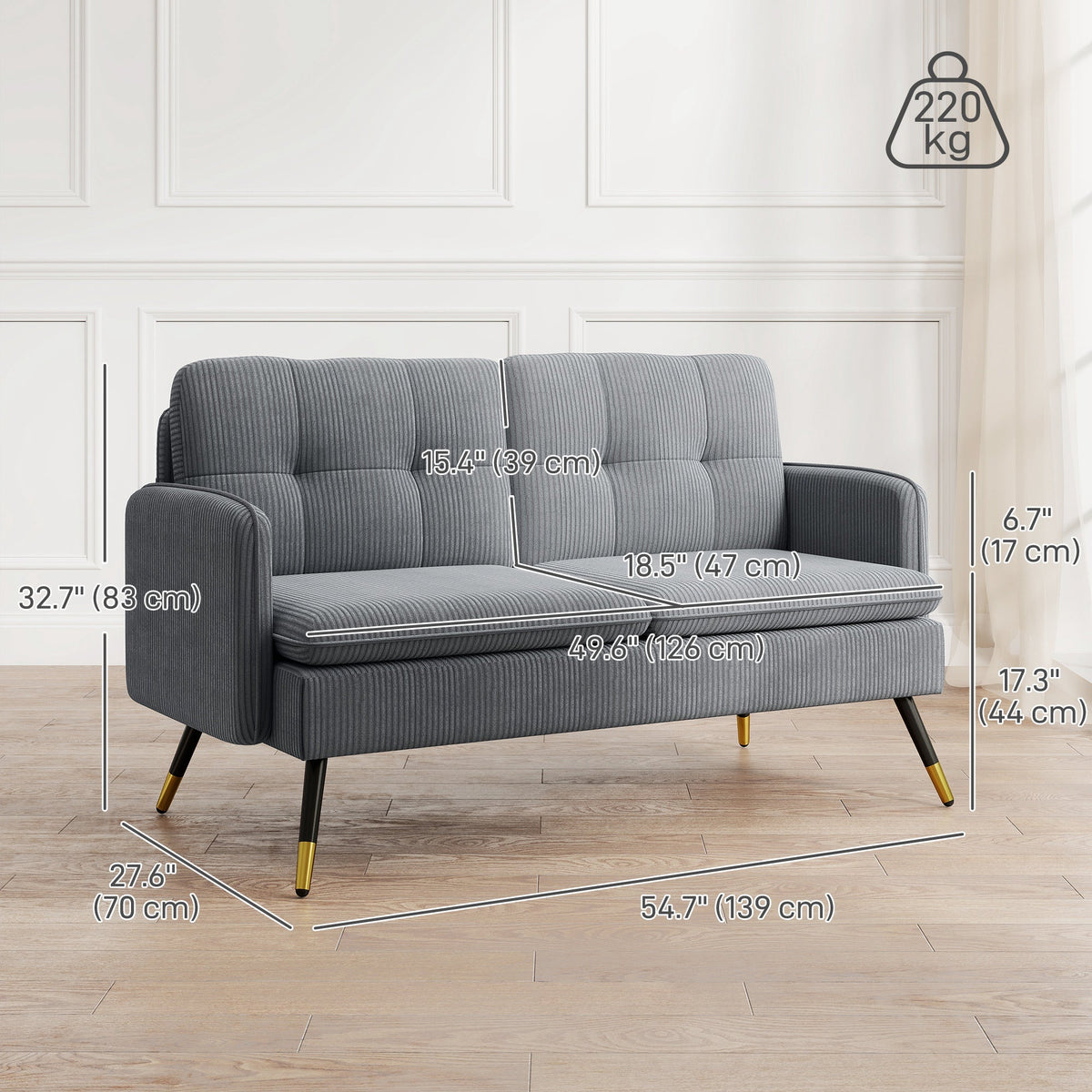 55" Loveseat Sofa, Linen Love Seat w/ S spring, Steel Legs and Button Tufting, Small Couch for Living Room, Dark Grey