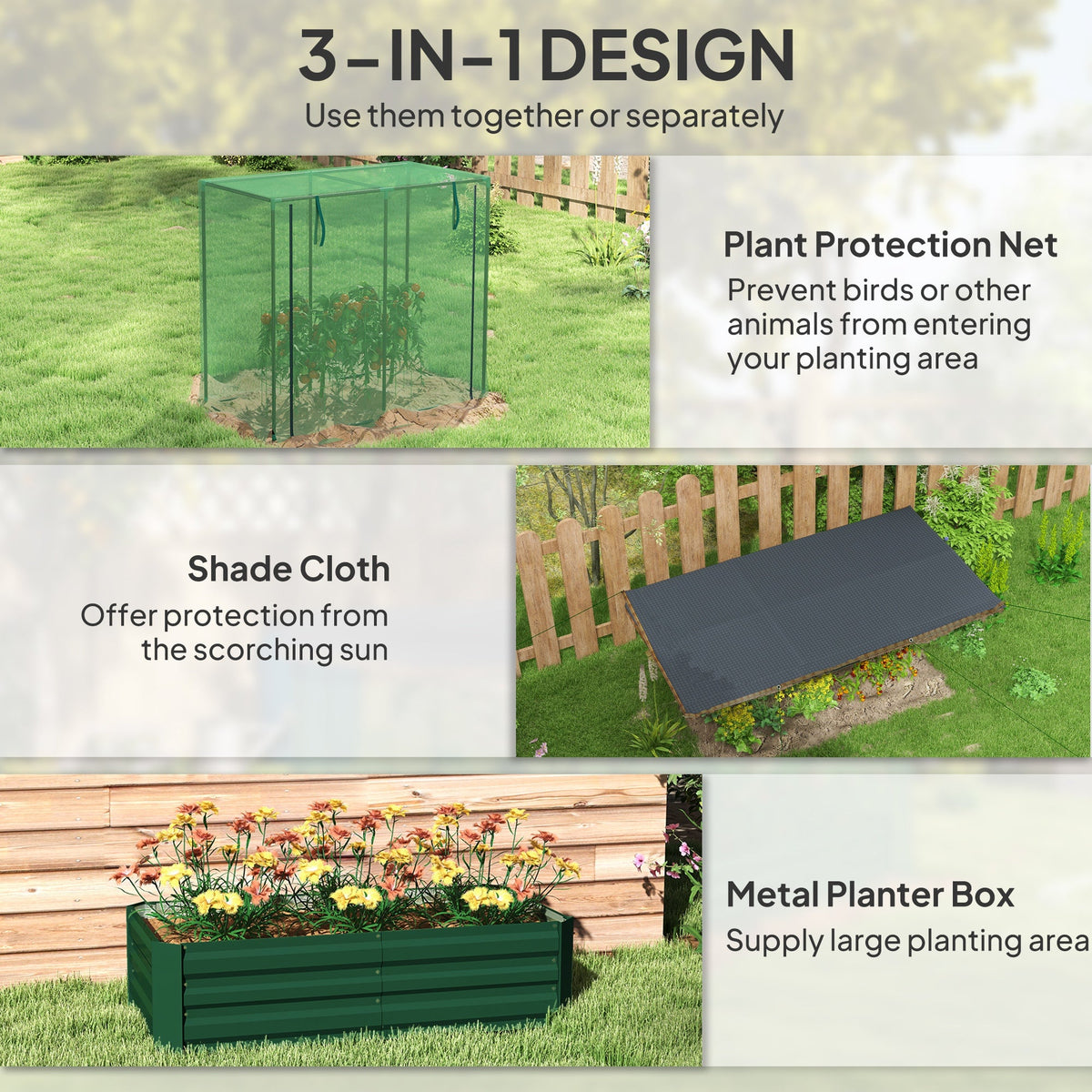 Galvanized Steel Planter Box with Crop Cage and Shade Cloth, Raised Garden Bed for Flowers, Vegs and Herbs