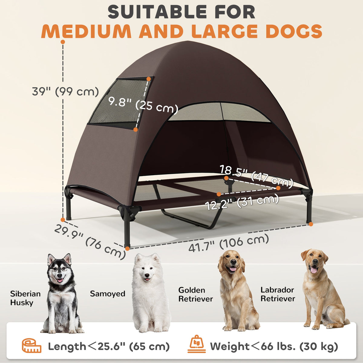 Elevated Dog Bed with Canopy Raised Dog Bed Washable Mesh Steel Frame 41.7" x 29.9" x 39" Coffee