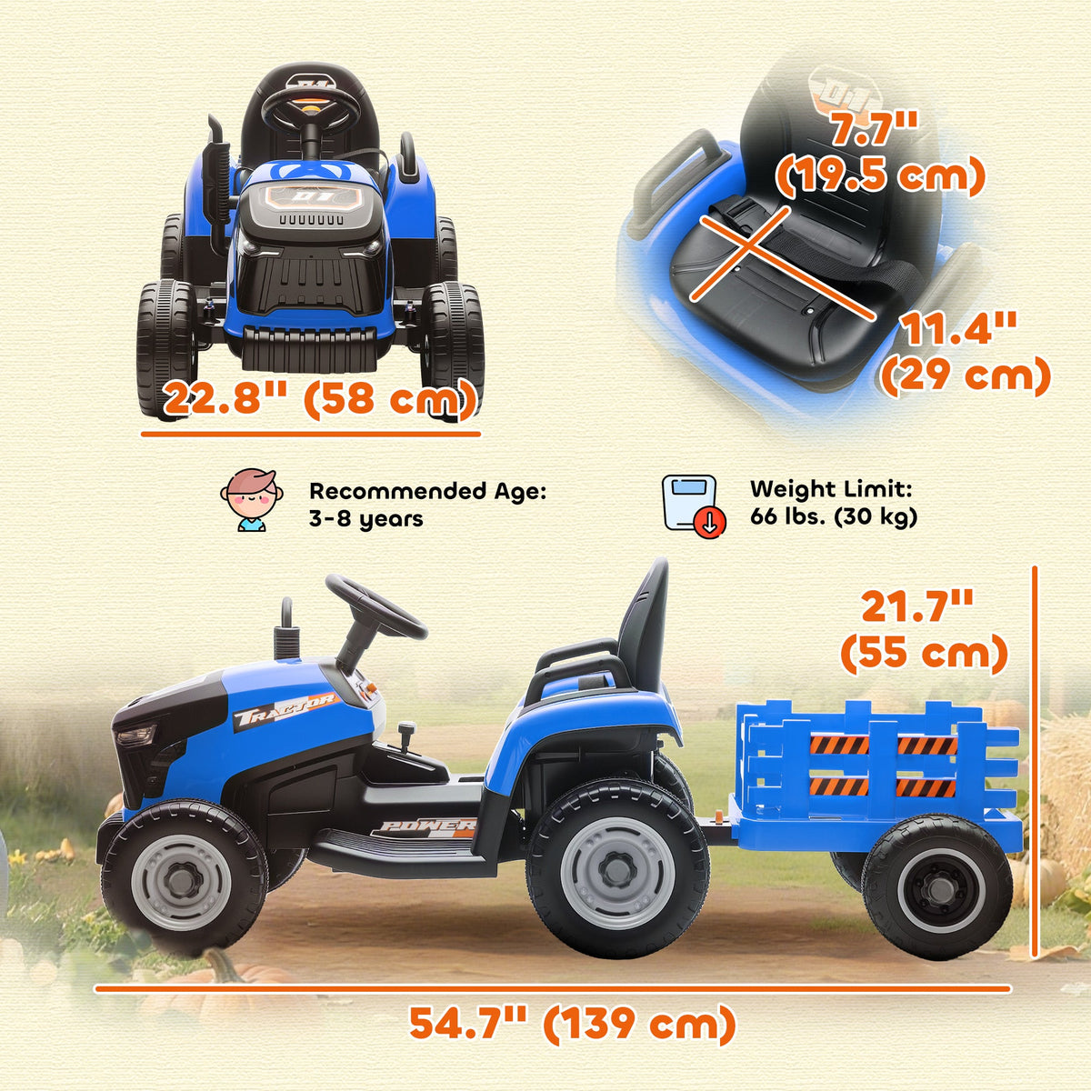 12V Kids Ride On Tractor with Trailor, Remote Control, Music, Lights, Shifter, for Kids Ages 3-8 Years, Blue