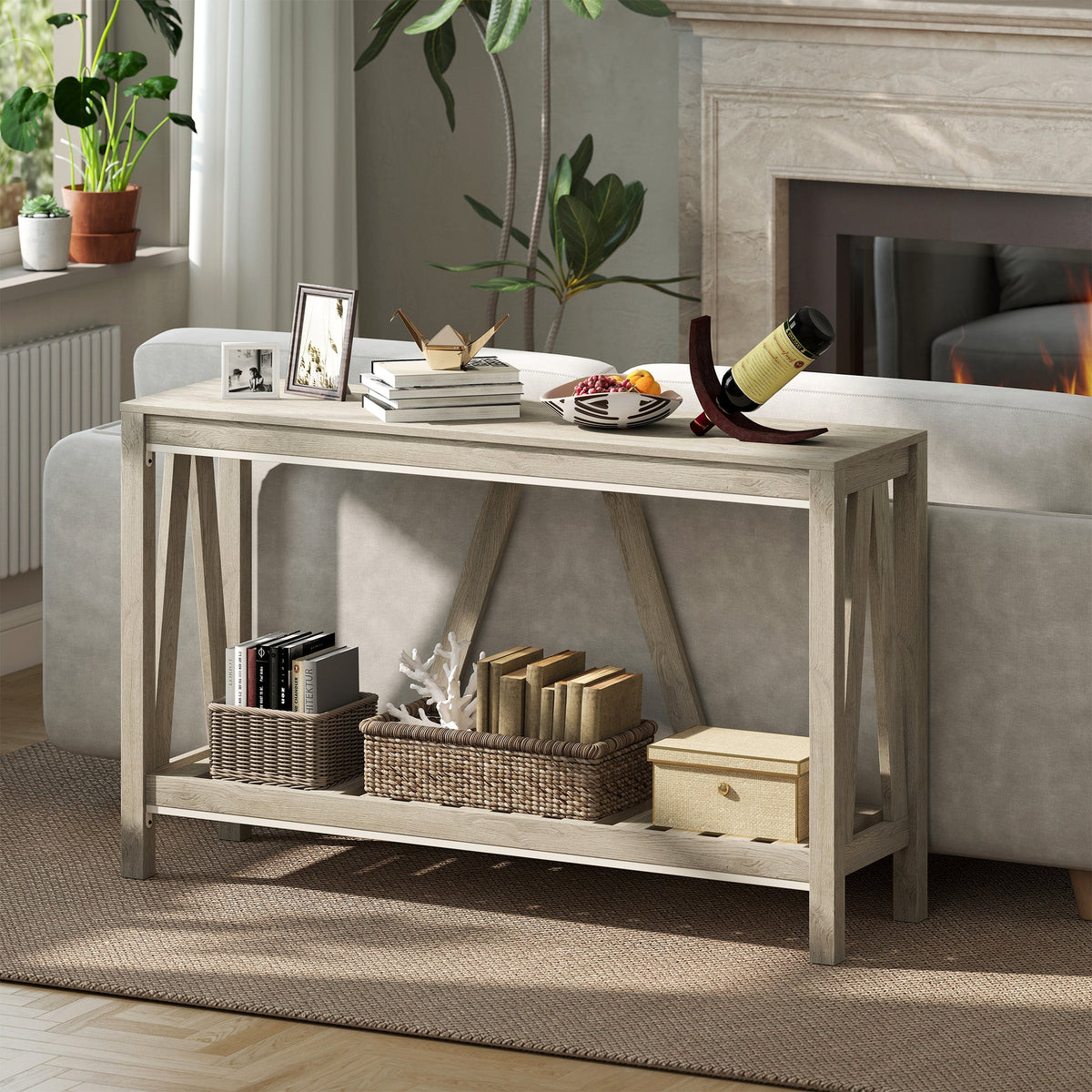 52" Console Table, Farmhouse Narrow Entryway Table with Storage Shelf, Rustic Sofa Table with Anti-tipper for Living Room and Hallway, Oak