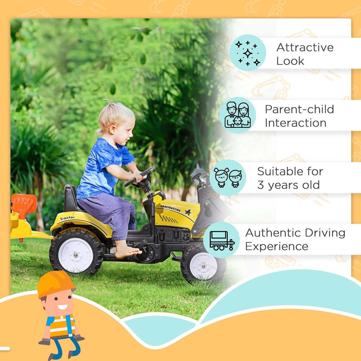 Front Loader Excavator Ride On Toy Pedal Control with 6 Wheels Controllable Bucket for 3 Years Old, Yellow