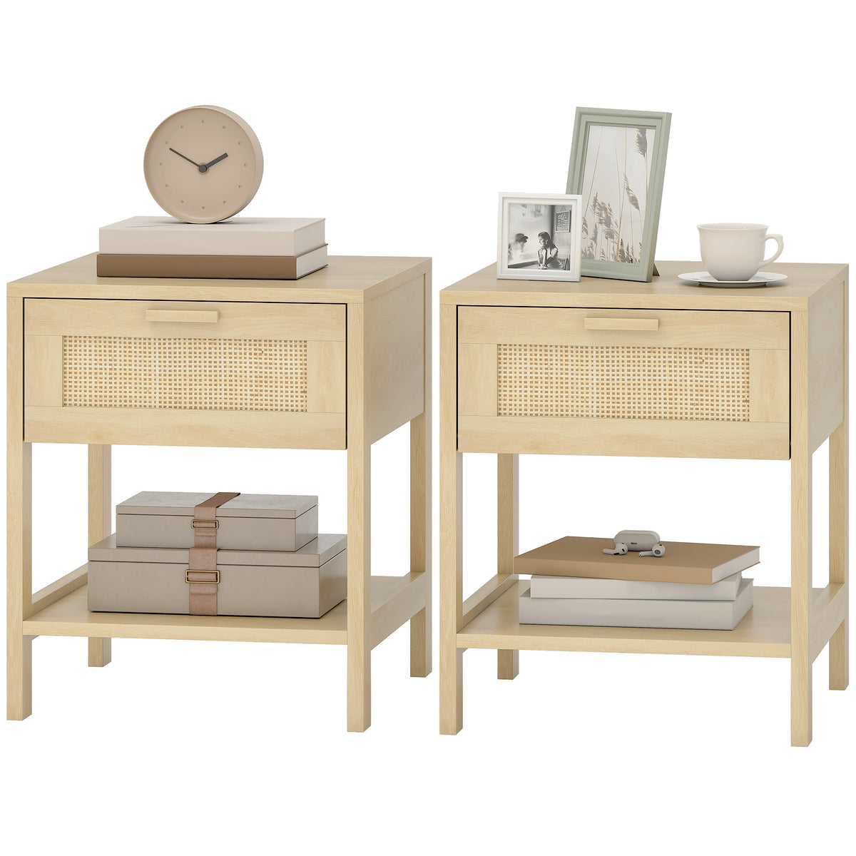 Narrow Nightstand with Rattan Elements, Bedside Table with Drawer and Storage Shelf for Bedroom, Natural
