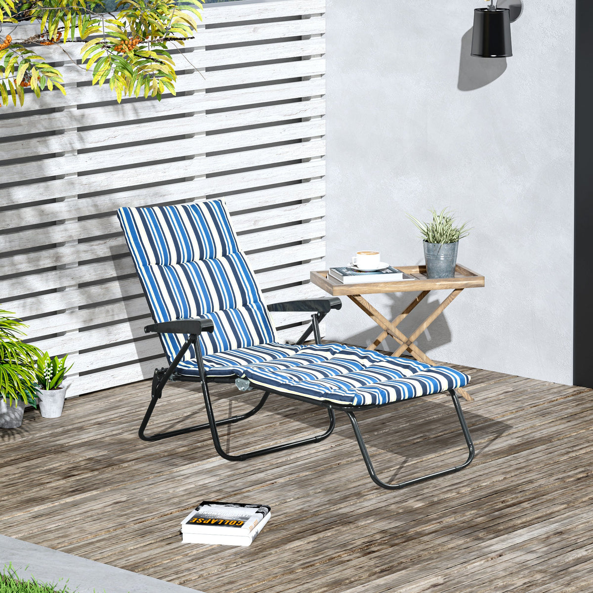 Foldable Lounge Chair, Reclining Patio Sun Lounger with 6-Position Adjustable Back, Blue and White