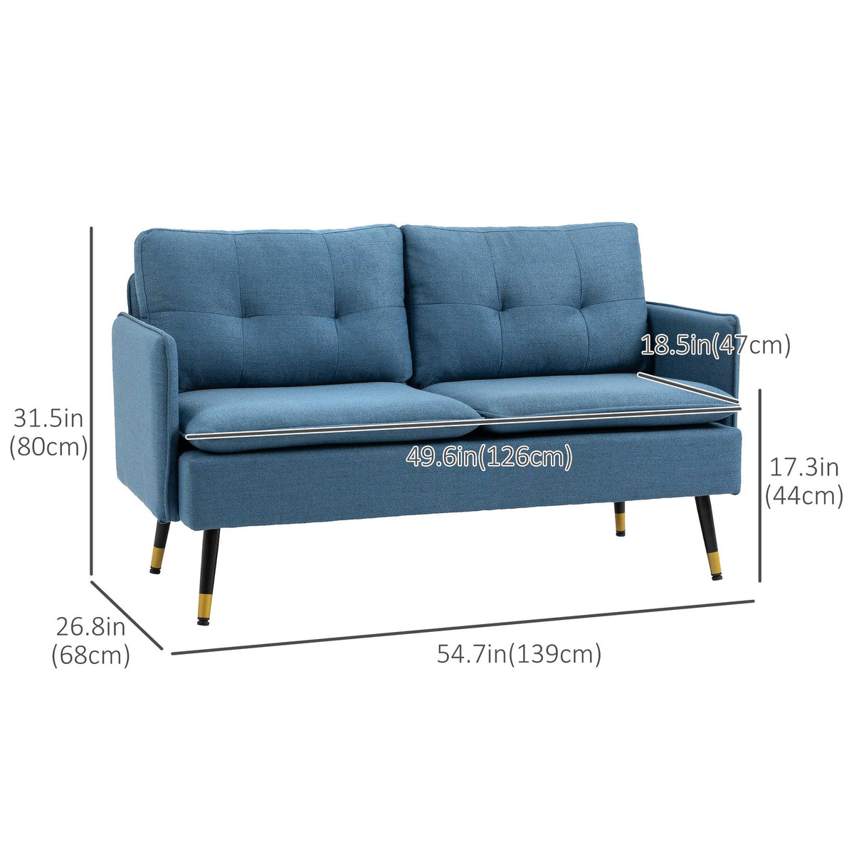 55" Loveseat Sofa, Linen Love Seat w/ S spring, Steel Legs and Button Tufting, Small Couch for Living Room, Dark Grey