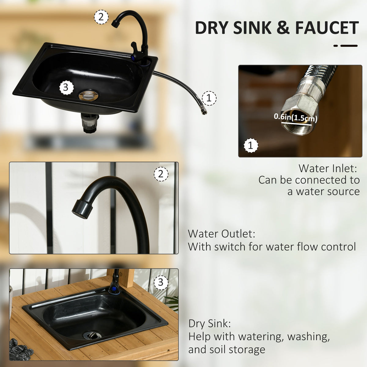 Outdoor Potting Bench Table with Faucet, Removable Sink, Hooks and Storage Shelves, Wood Work Bench Workstation, Grey