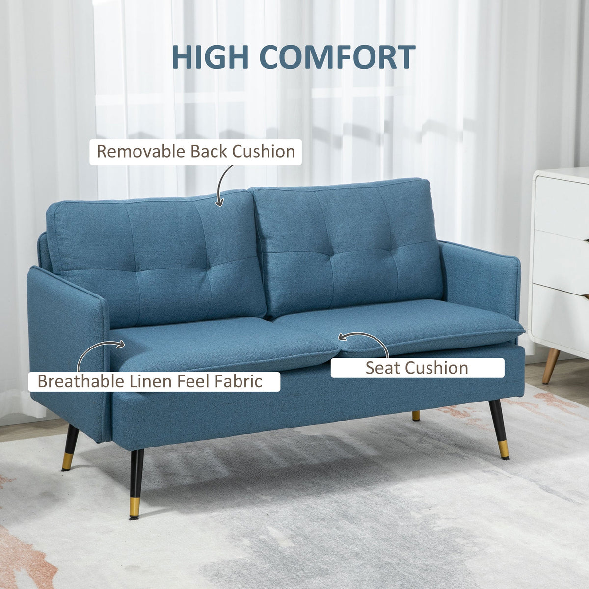 55" Loveseat Sofa, Linen Love Seat w/ S spring, Steel Legs and Button Tufting, Small Couch for Living Room, Dark Grey